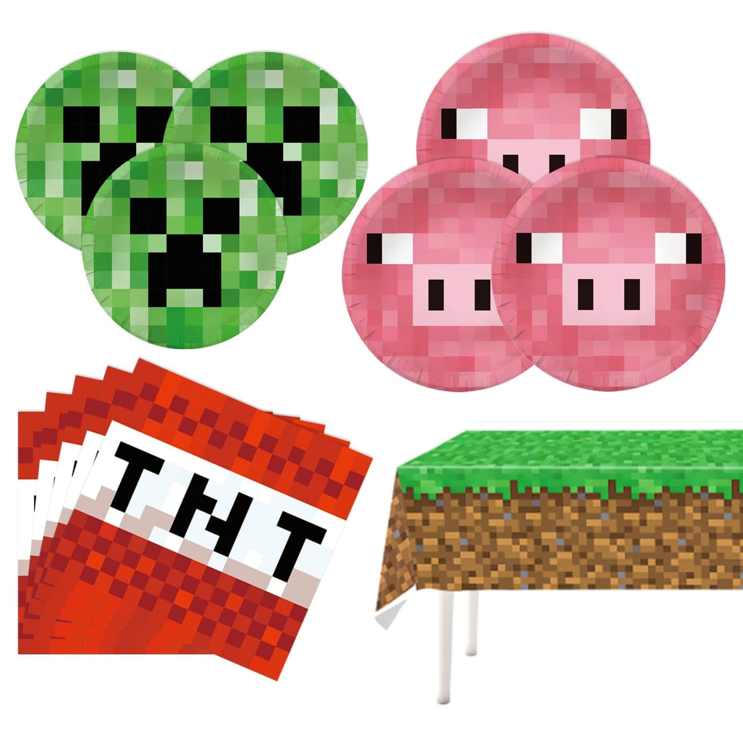Pixel Birthday Party Supplies, 20 Plates, 20 Napkins and 1 Tablecover for Pixel Party Decorations