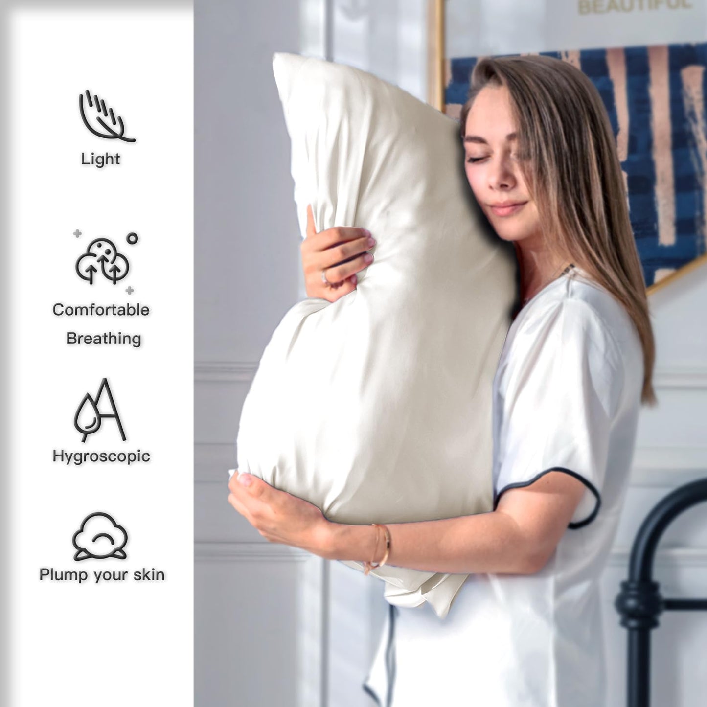 Silk Pillow Cases 2 Pack Soft Breathable and Sliky King Size Pillow Cases Set of 2,Natural Mulberry Silk Pillowcase Set of 2 for Hair and Skin with Hidden Zipper (Beige,20"X 36",2pcs)