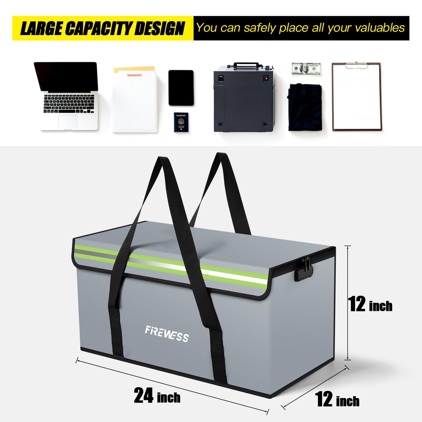 Large Fireproof Safe Bag, 24x12x12'' Fireproof Document Bag, Large capacity waterproof storage bag with reflective strips, Firesafe Box for File,Cash,Passport,Keys