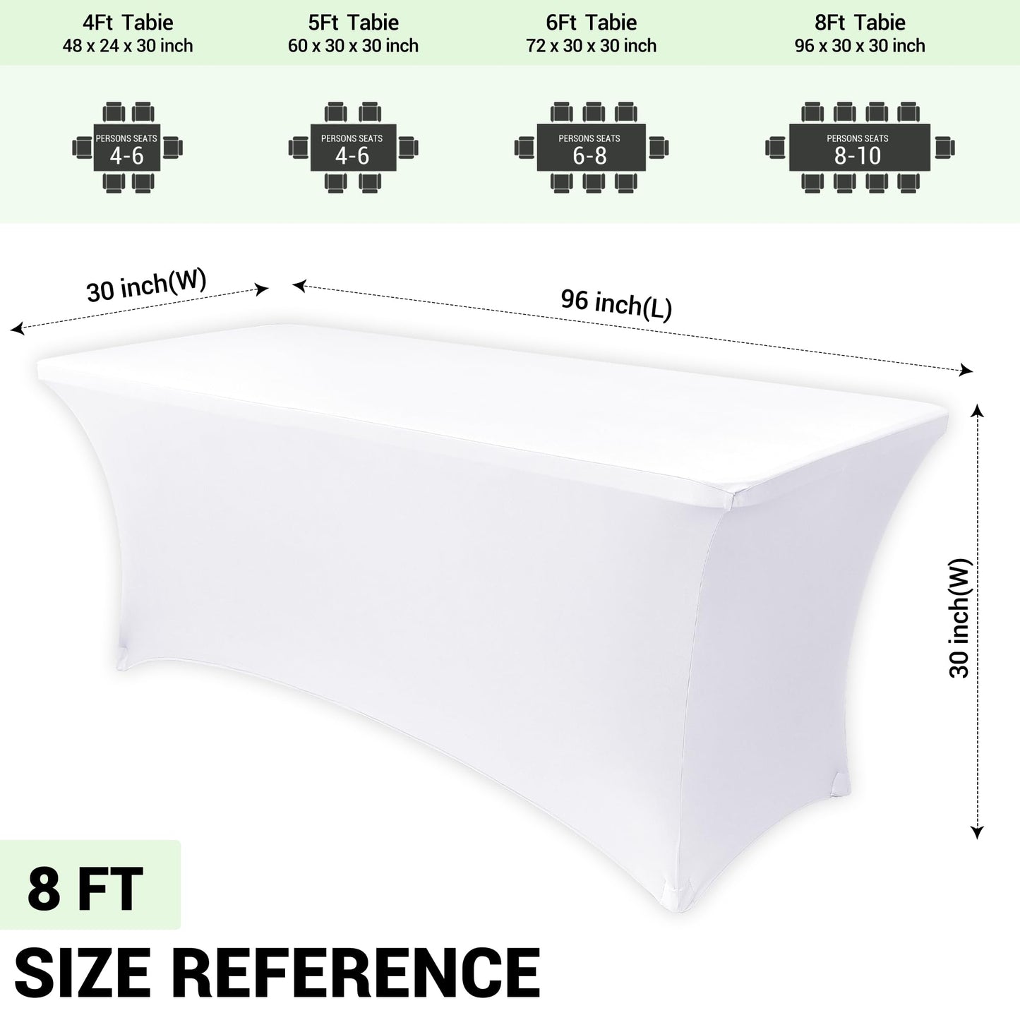 Obstal 8ft Stretch Spandex Table Cover - 4 Pack Universal Rectangular Fitted Tablecloth Protector for Wedding, Banquet and Party, White