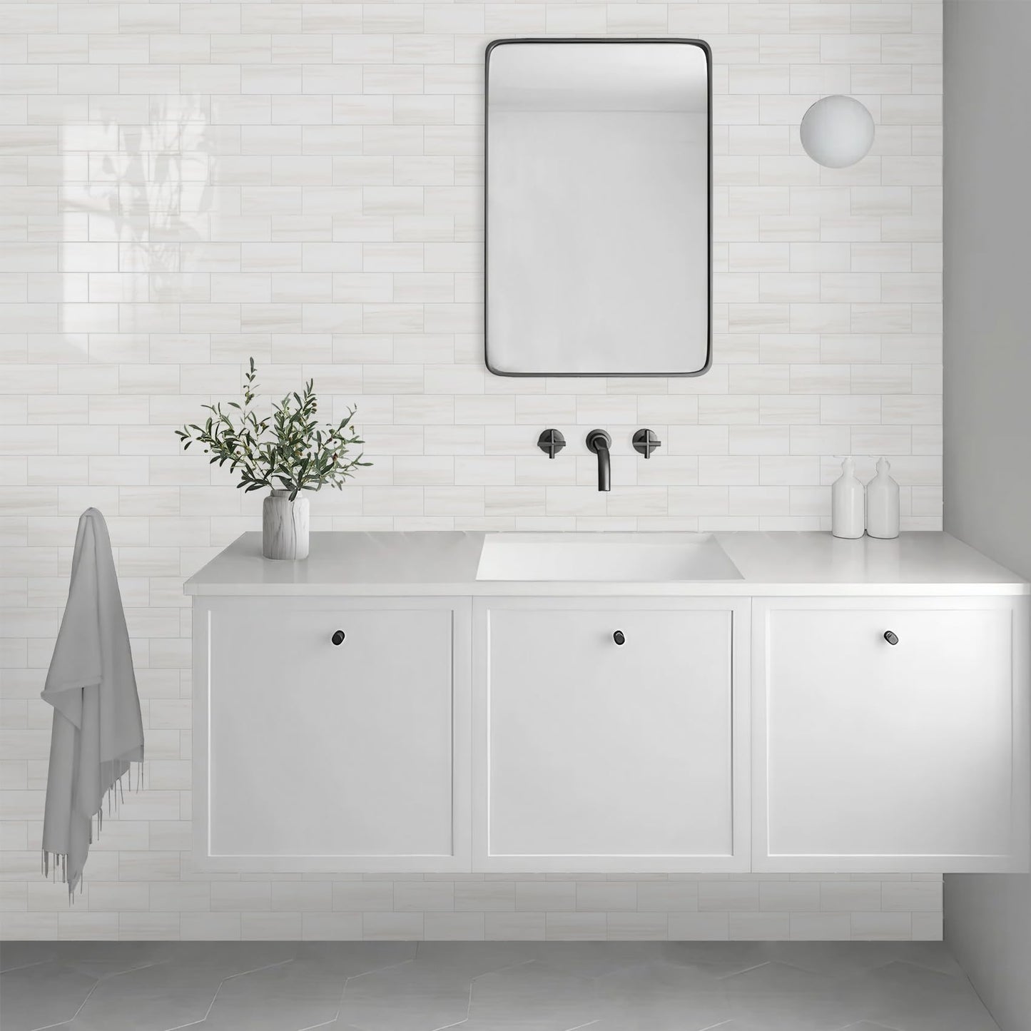 Vamos Tile 100-Piece Glossy Dolomite White Peel and Stick Backsplash Tile,3''x6'' PVC Subway Tile with White Grout, Stick on Backsplash for Kitchen/Bathroom/Fireplace