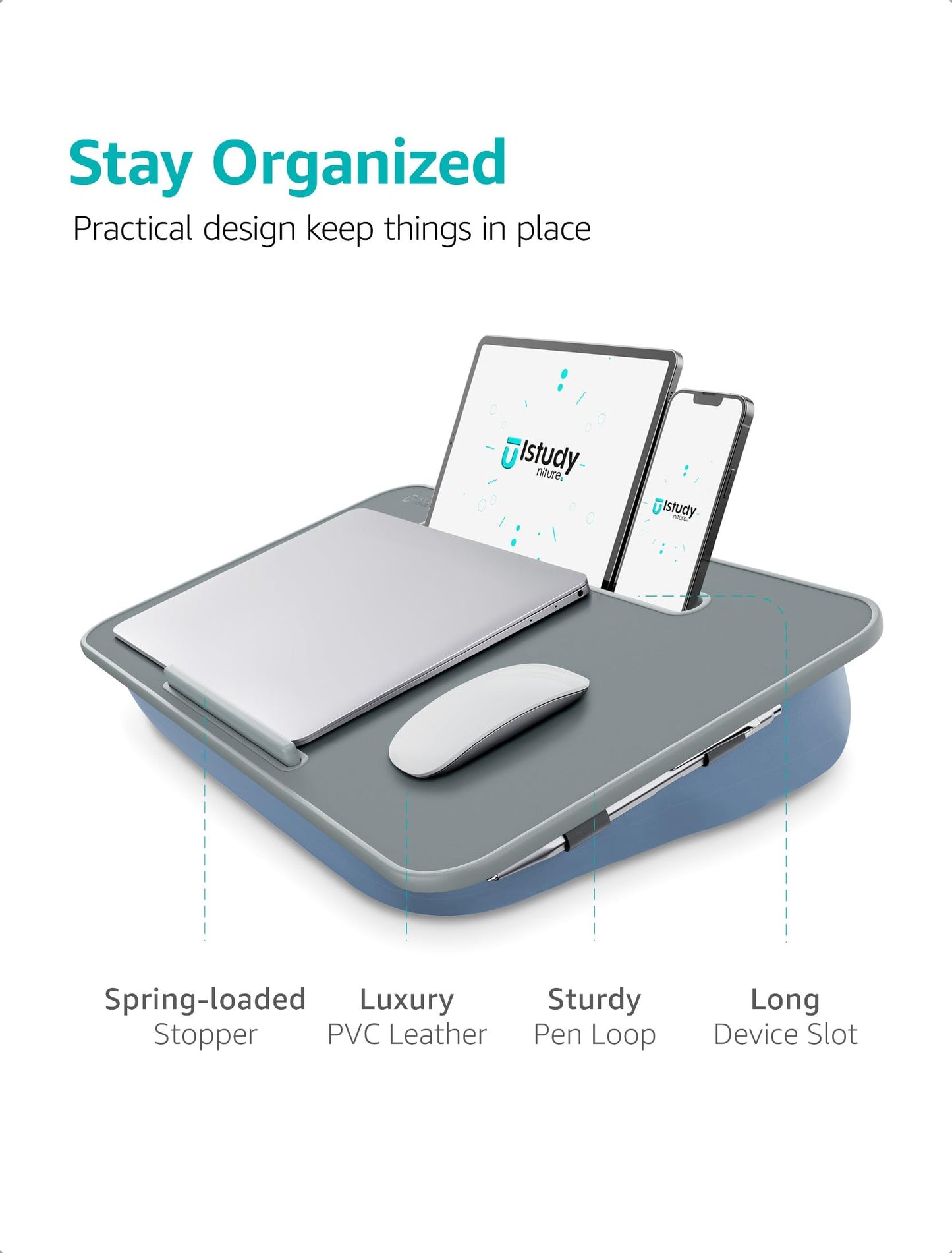 Istudyniture Lap Desk | Portable Laptop Desk & Stand – Fits Up to 17 inch – Washable Cushion, Built-in Phone Holder – for Bed, Couch, Sofa, Floor – Writing, Reading, Home Office – Large, Grayish Blue