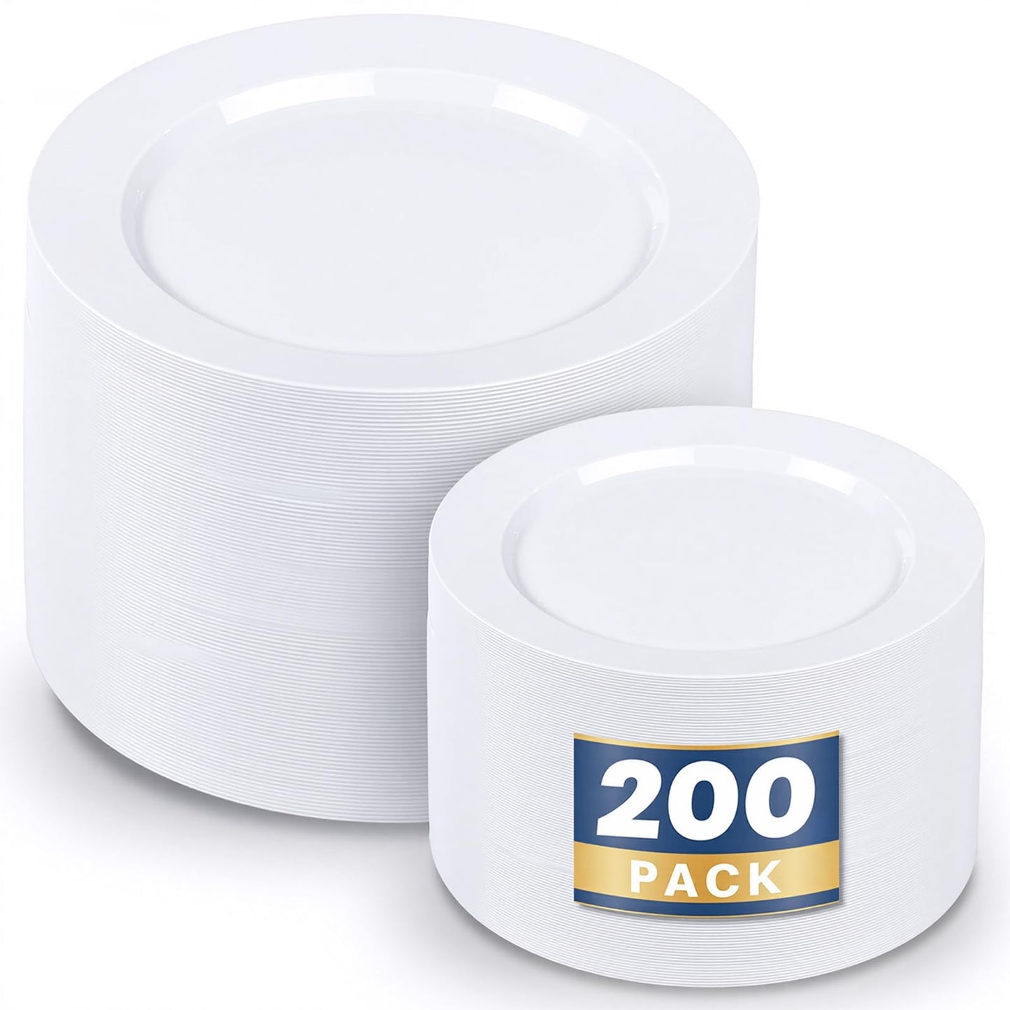 WDF 200pcs White Plastic Plates Disposable - Heavy Duty Plastic Plates for Party - Include 100 x 10 Dinner Plate and 100 x 7 Dessert/Cake Plate - Ideal for Weddings/Parties/Events