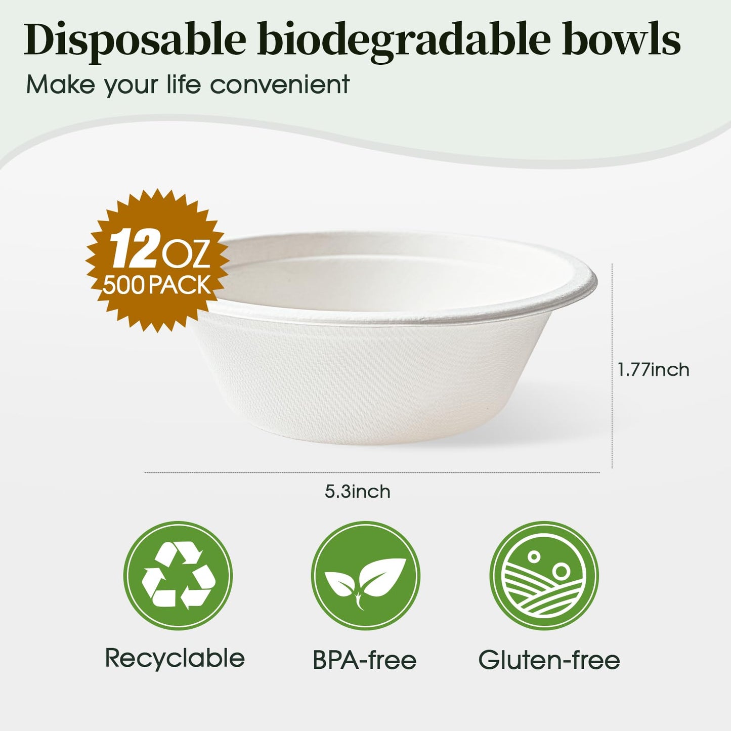 ECOLipak 500 Pack 12 oz Paper Bowls Disposable, Heavy-Duty Biodegradable Compostable Bowls Made of Natural Sugarcane Bagasse, Suitable for Salad, Dessert, Milk, Cereals