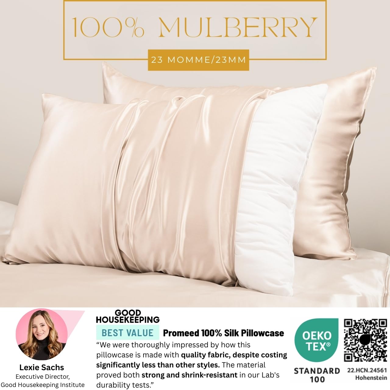 PROMEED 23 Momme Silk Pillowcase 2 Pack with Zipper, 3rd Gen Grade 6A+ 100% Mulberry Silk Pillow Case Set of 2, Cooling Pillow Cases for Hot Sleepers (Standard 20"x26", Champagne)
