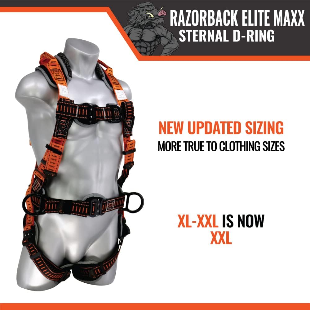 Malta Dynamics Razorback Elite MAXX - Safety Harness and Fall Protection Kit with Sewn in Lumbar Support Belt and Built-in Rescue Handles for Fall Arrest, OSHA & ANSI Compliant (Size)