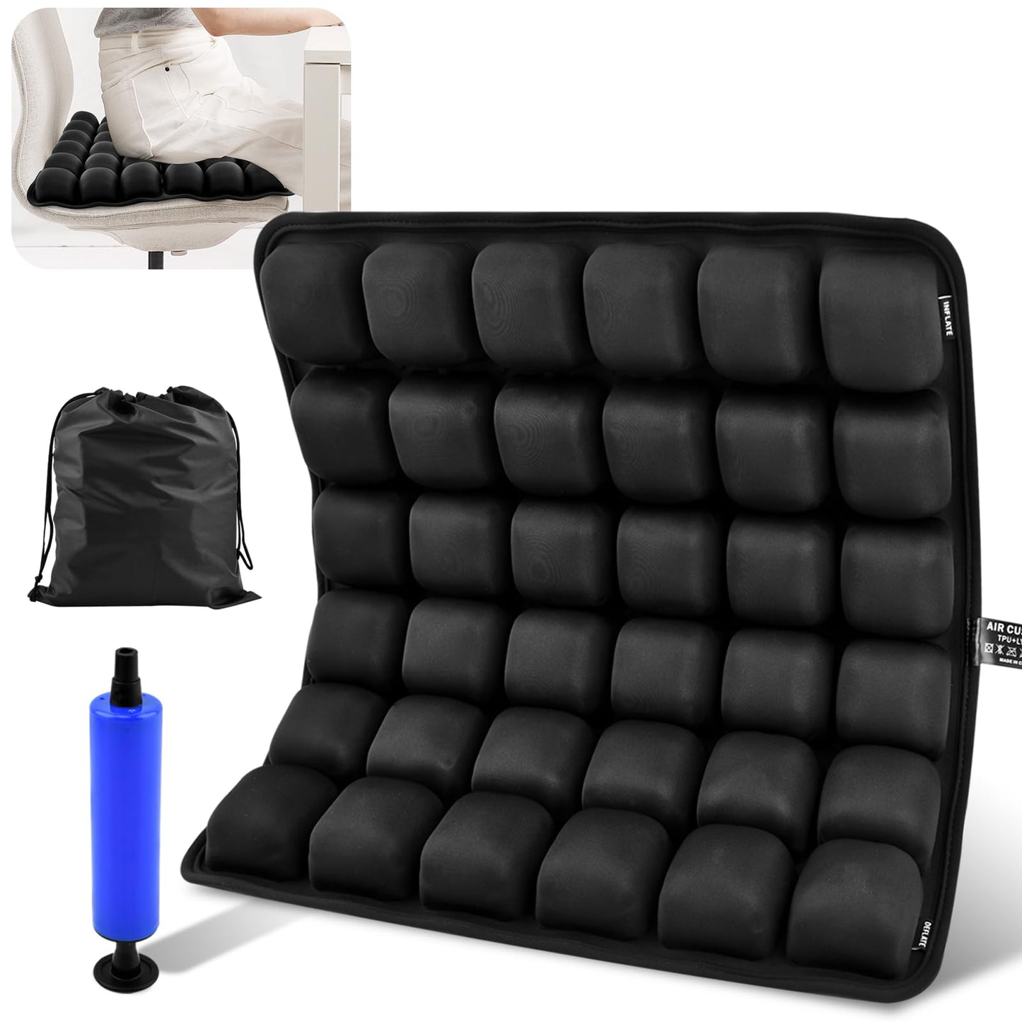 Yonderfume 3D Air Cell Inflatable Seat Cushion, 36 Airbags Airplane Seat Cushion for Long Flights, Pressure Relief for Tailbone & Hip Pain, Wheelchair Cushions with Air Pump