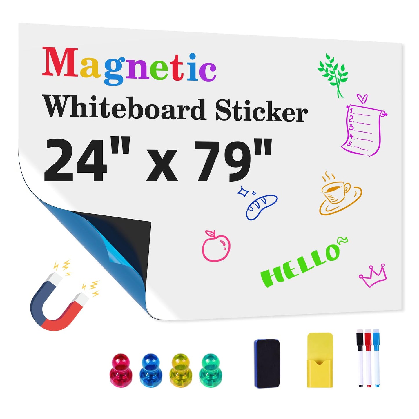 Magnetic Whiteboard Contact Paper 24" x 79" Peel and Stick Dry Erase White Board for Wall Self-Adhesive Decal Wallpaper Sticker for Office, Home, with Marker, Eraser and Magnet