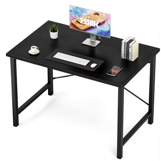 Sweetcrispy Small Computer Office Desk 40 Inch Student Study Writing Work with Metal Frame Wood Tabletop Modern Simple Home Bedroom PC Table - Black, Compact Sturdy Desk for Laptop, Study, Gaming