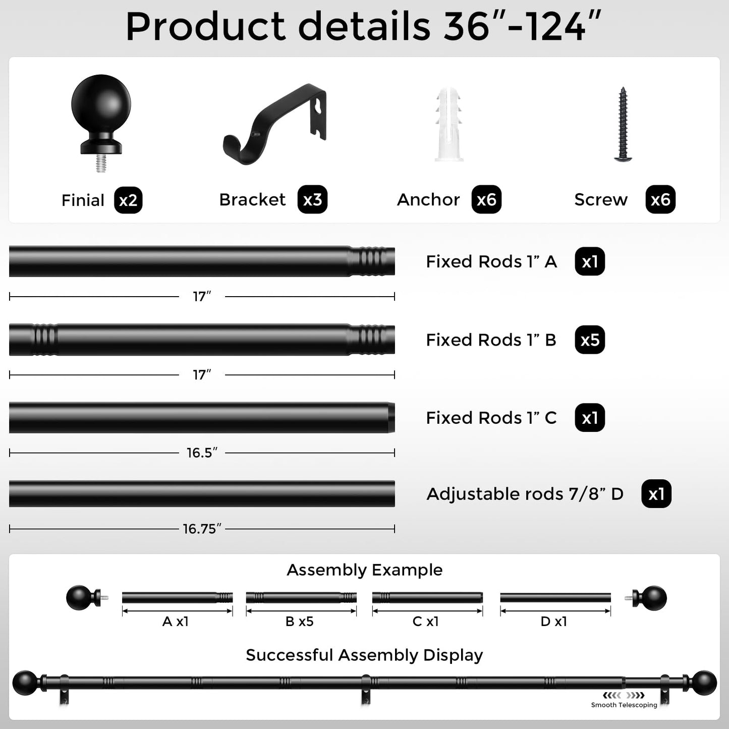 Wolistsa Long Curtain Rods 36-122 Inch, Black 1 Inch Adjustable Heavy Duty Curtain Rods for Windows, Decorative Modern Window Treatment Rod, Splicing Metal Drapery Pole, Easy Installation