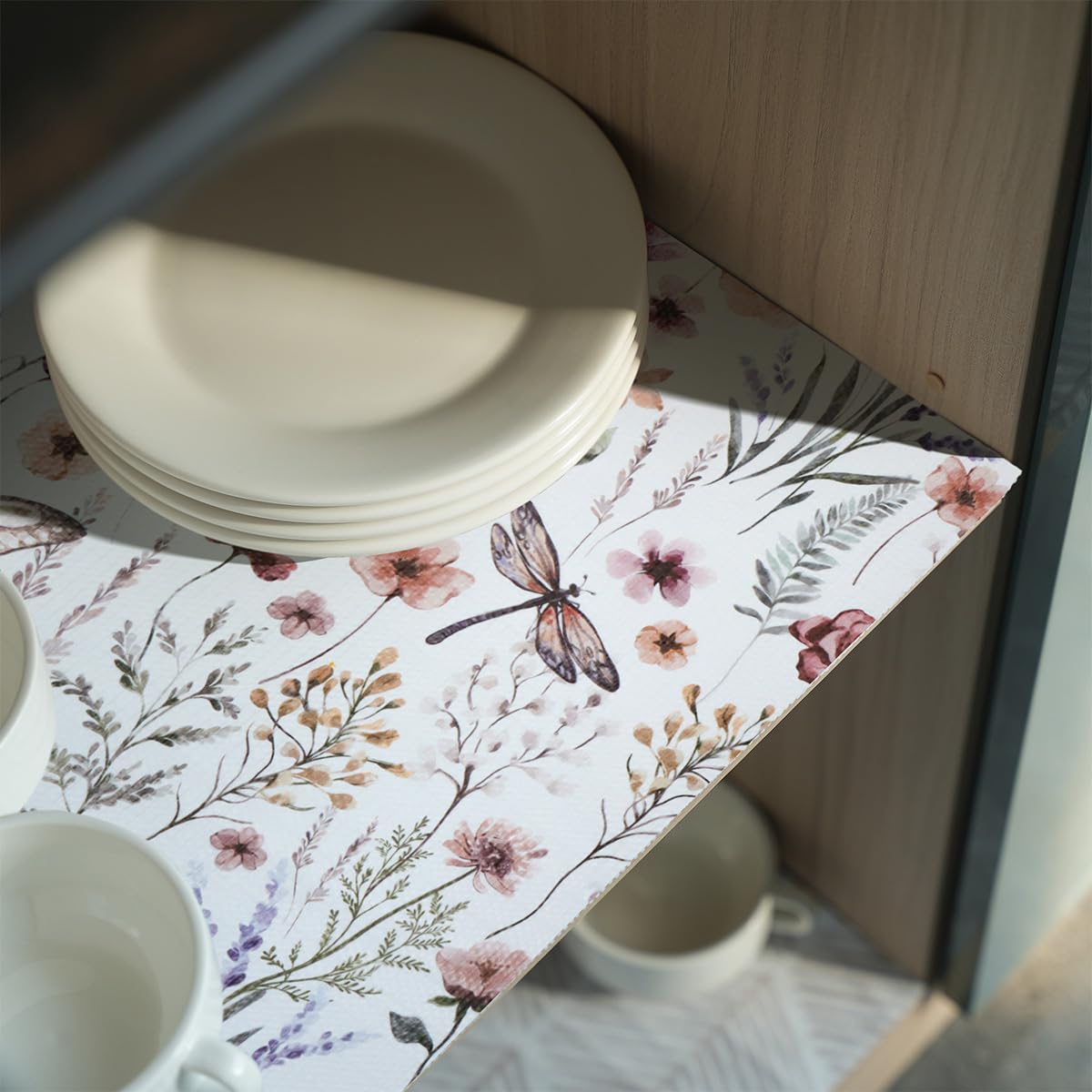 Floral Shelf and Drawer Liner for Kitchen Cabinets,24IN x 10FT Non-Adhesive and Strong Non-Slip Cabinet Drawer Liners for Kitchen Shelf, Waterproof Cupboard Liners,Easy to Clean