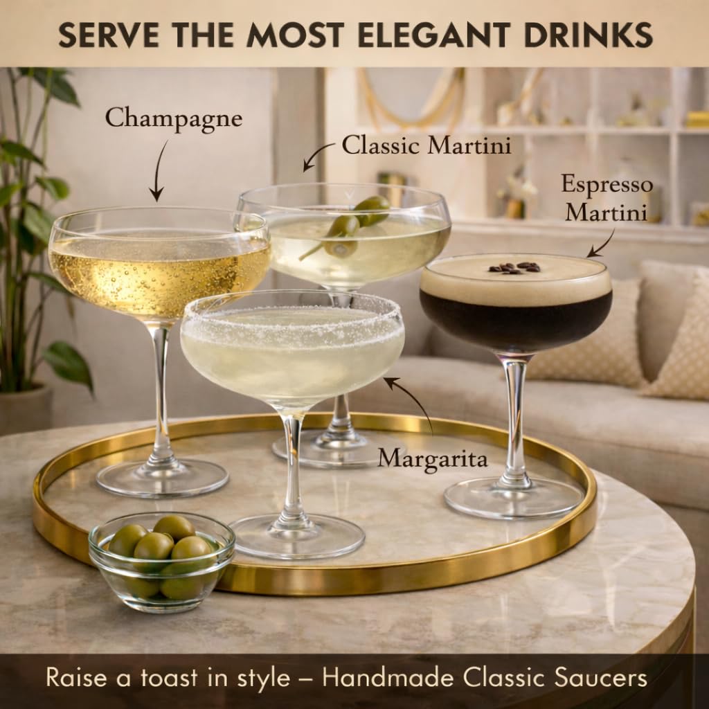 VEMACITY - Elegant Espresso Martini Glasses Set of 4 (10oz) - Classic Coupe Glasses for Martinis, Champagne, Margaritas | Handblown Crystal Cocktail Glassware | Ideal for Martinis and Cocktails
