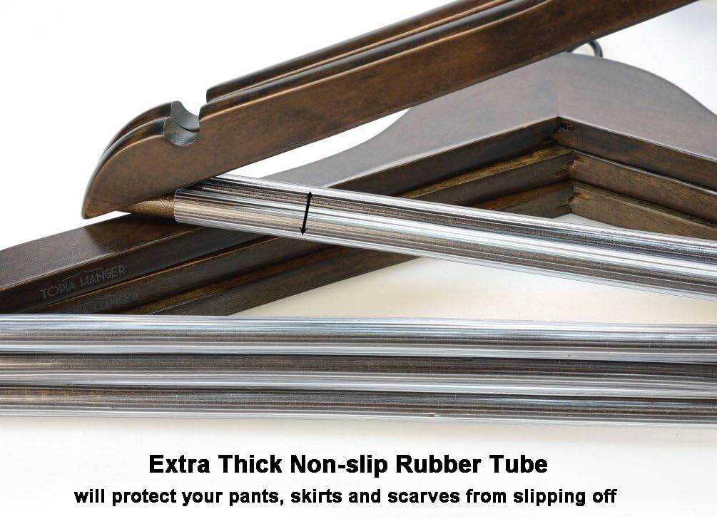 TOPIA HANGER Heavy Duty Wood Coat Hangers in Smooth Retro Finish, Boutique Quality Wooden Suit Hangers-Non-Slip Rubber Pants Bar and Smoothly Cut Notches-360° Rotating Black Hook-30 Pack, CT04A30
