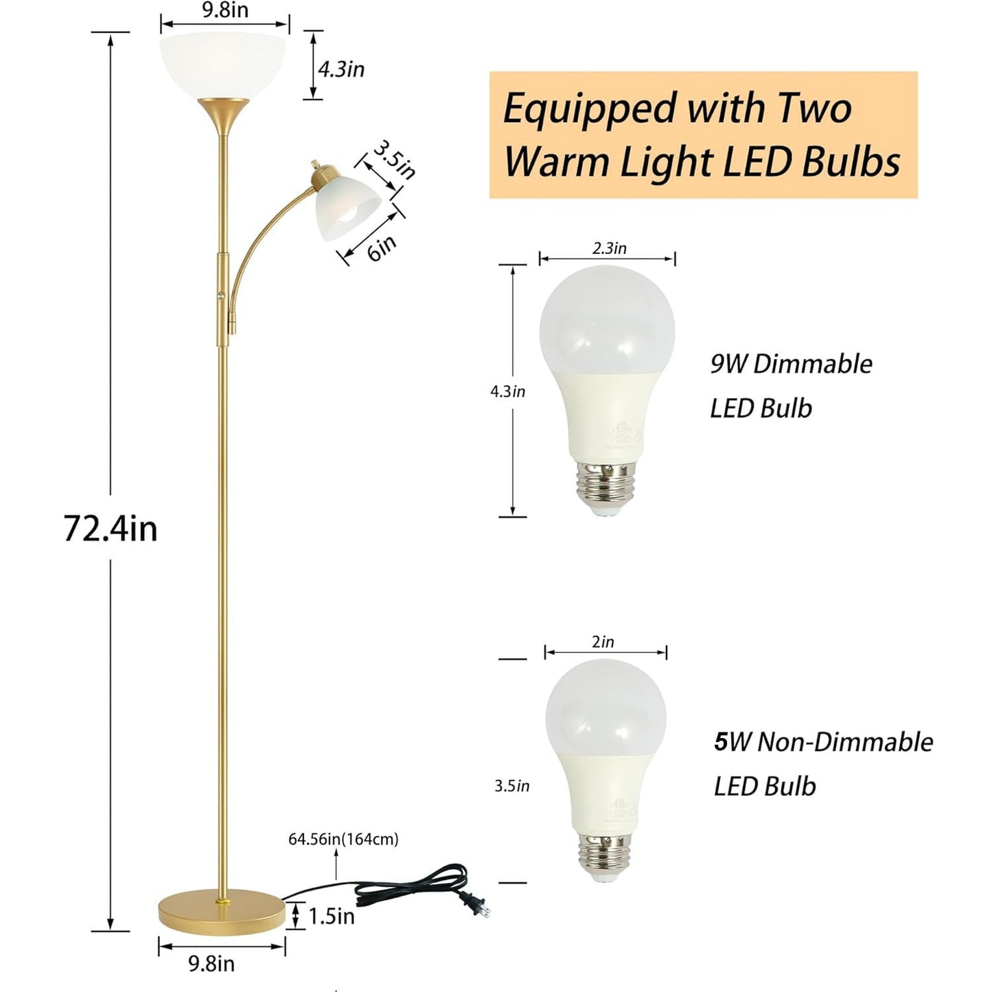 RISLG Floor Lamp, Standing lamp, Stepless Dimming Brightness, Included 9W and 5W LED Bulbs, Lamp for Living Room, Bedroom, Office, Reading