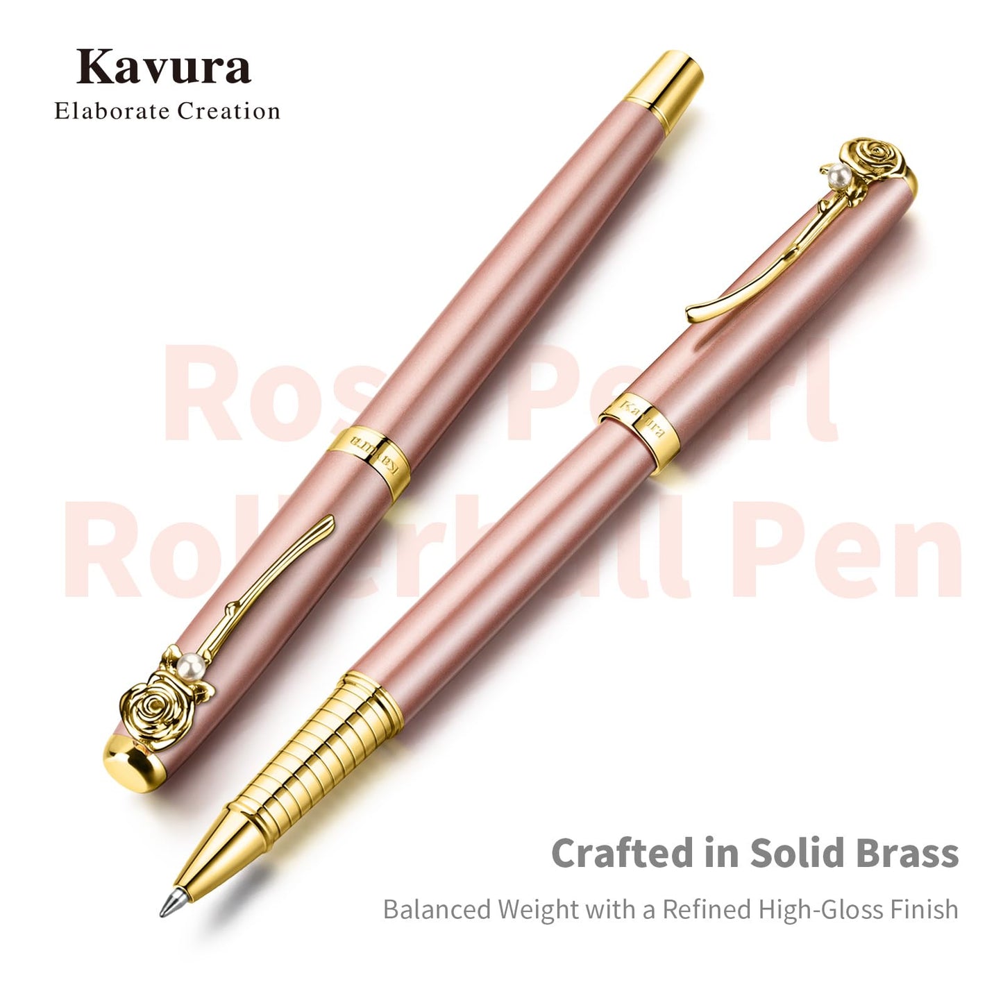Kavura Rose & Pearl Rollerball Pen – Luxury Brass Pen Gift Set for Women, Jewelry-Inspired Design, Glossy Finish, with German Refill, Romantic Gift for Her, Anniversary & Valentine’s Day (Rose Gold)