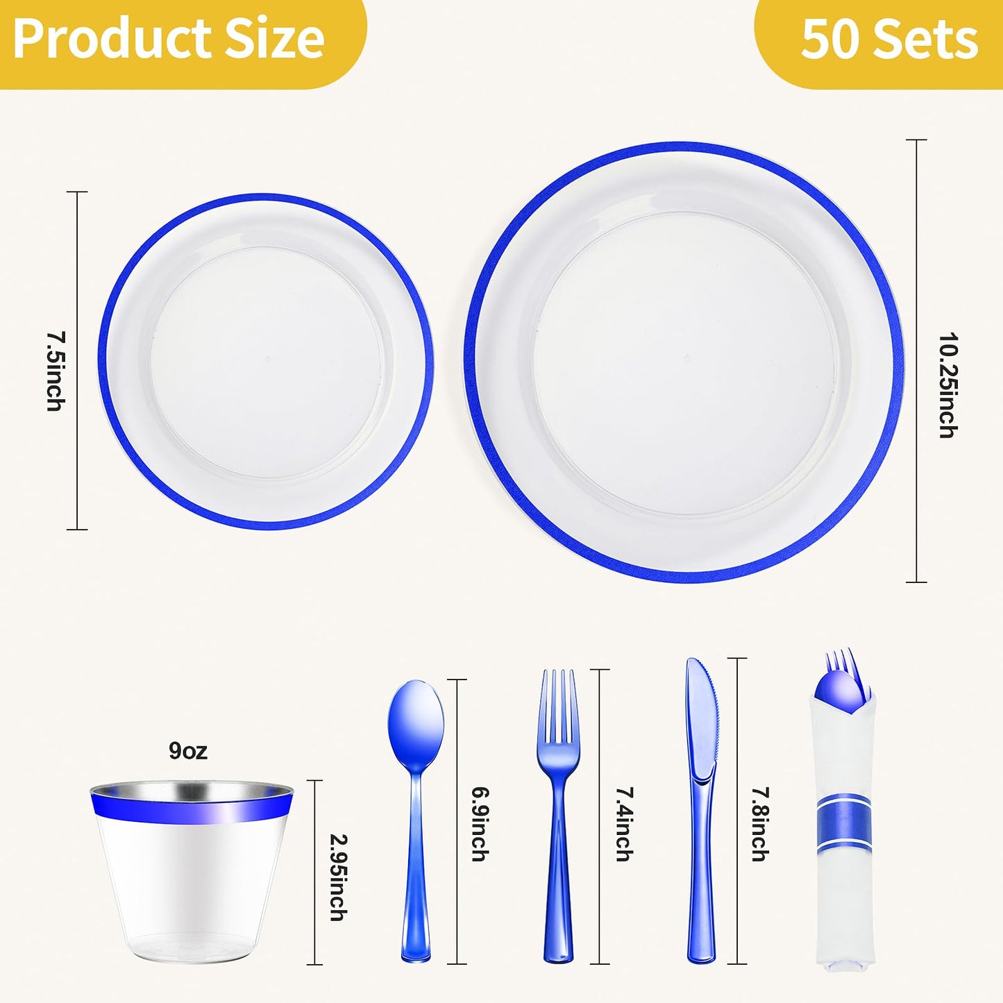 Goodluck 350 Piece Dark Blue Plastic Dinnerware Set for Party, Clear Disposable Plates for 50 Guests, Includes 100Plates, 50 Pre Rolled Napkins with Cutlery Set, 50 Cups, for Graduation, Birthday