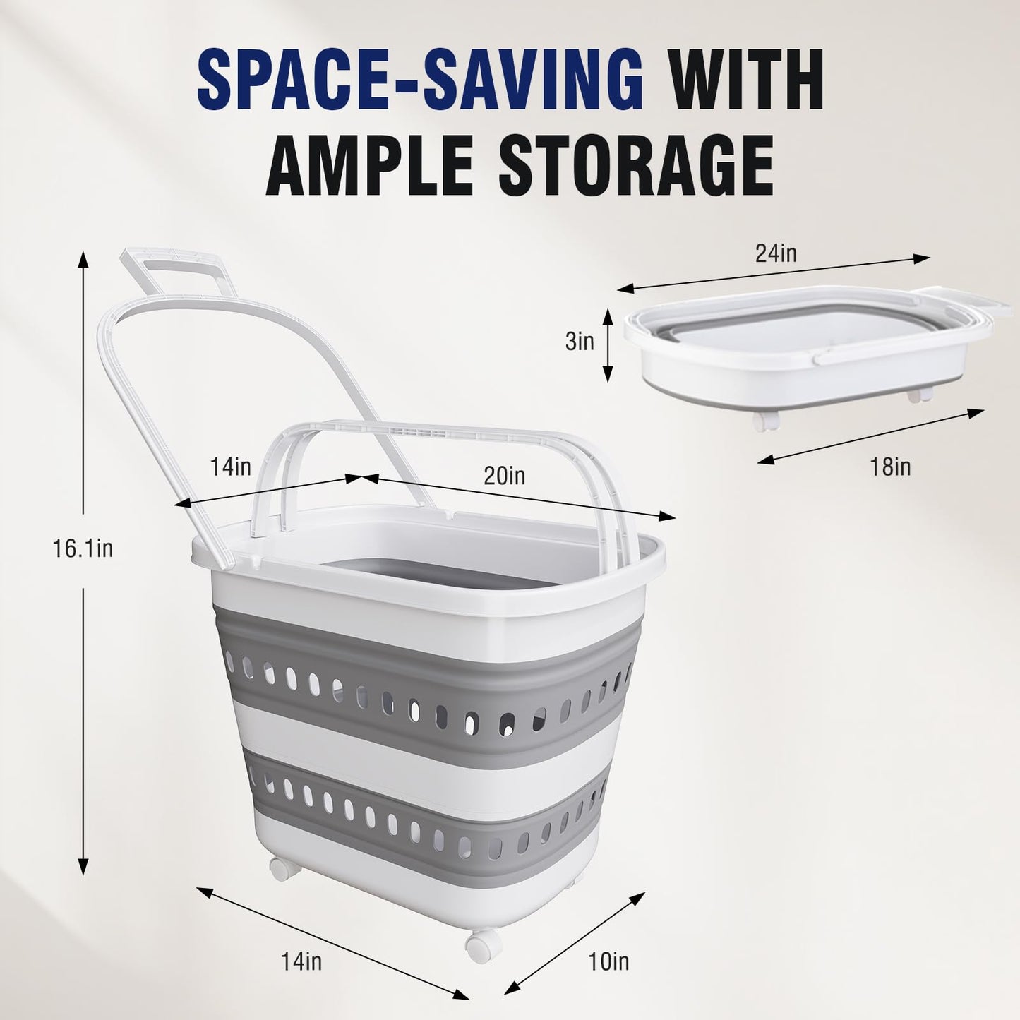 Collapsible Plastic Laundry Basket Hamper with Wheels, 45L Portable Rubber Clothes Basket, Pop Up Storage Container/Organizer with Hanging basket for Washing & Storage, Grey