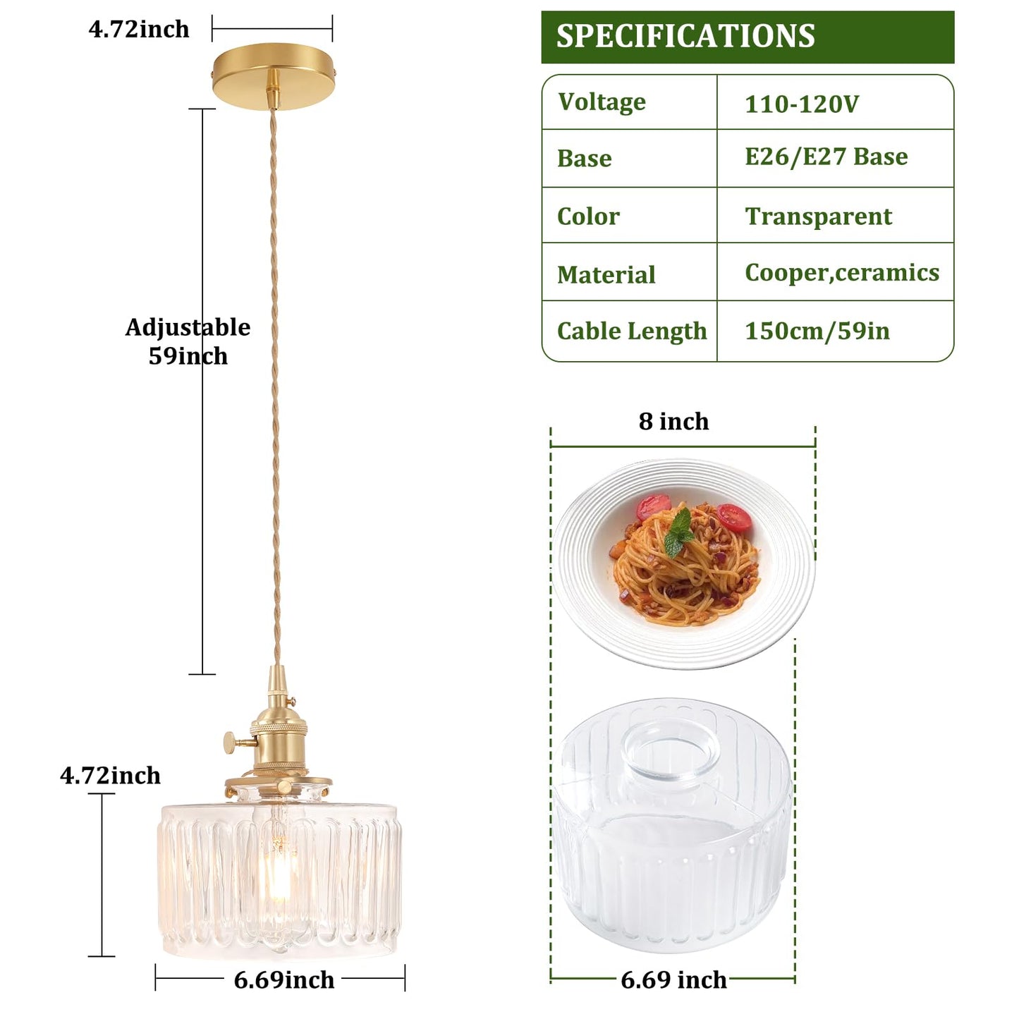 Shenmoyl Pendant Light with Clear Striped Glass Lmapshade, Brass Vintage Pendant Light Adjustable Hanging Light for Kitchen Island Dining Room Hallway