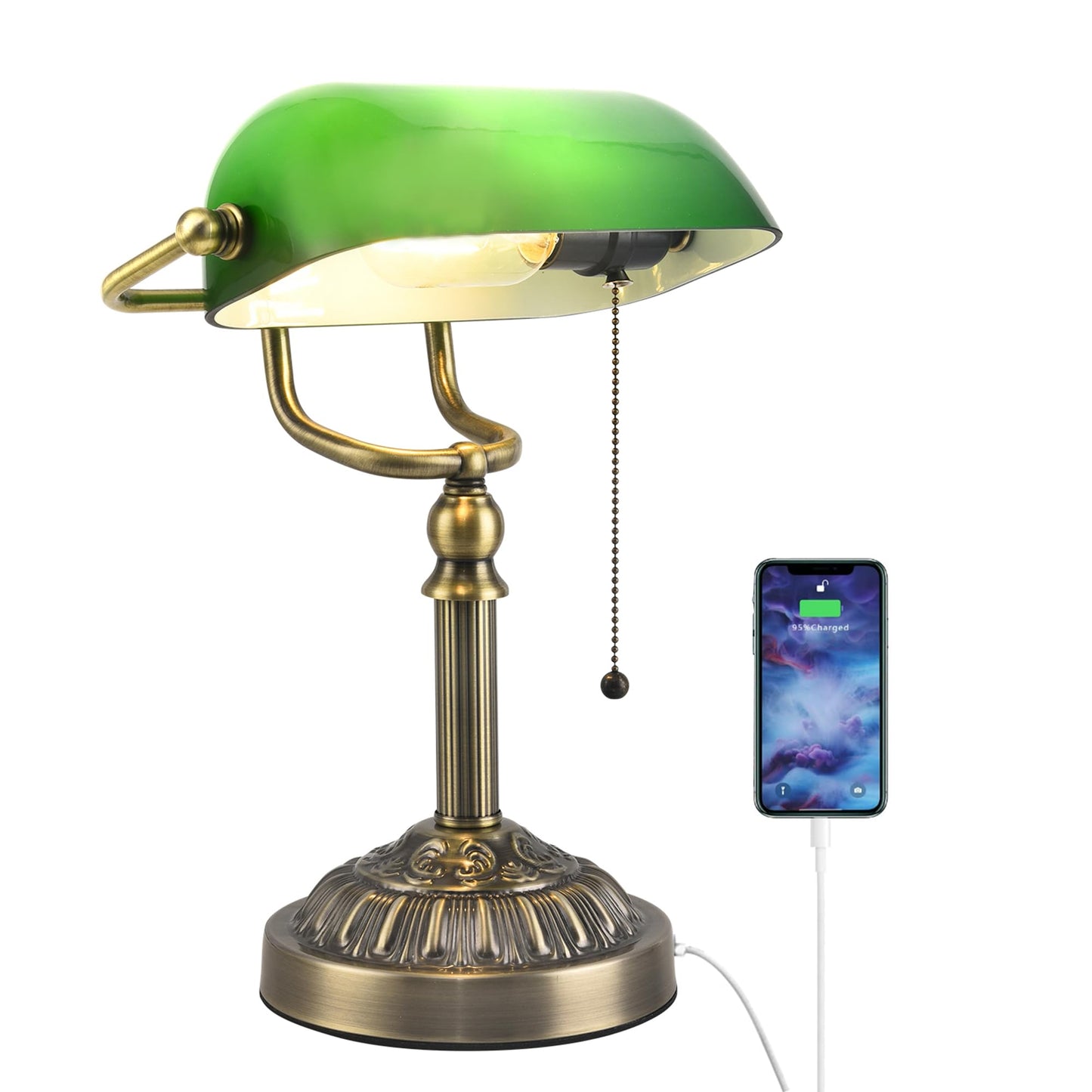 Rizzyluz Bankers Desk Lamp with USB-A Charging Port, Vintage Desk Lamps with Pull Chain Green Glass, Antique Brass Banker's Lamp for Home Office Library