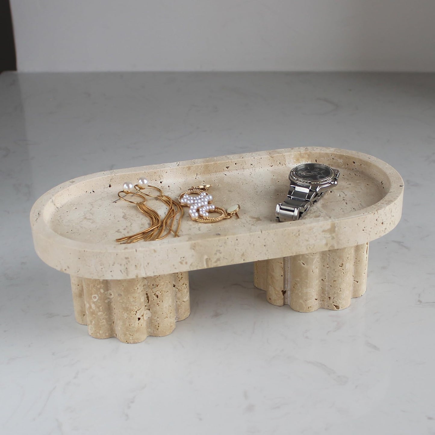 Natural Travertine Marble Oval Tray with 2 Legs, 10" Vanity Decorative Tray for Countertop Organizer, Catchall Tray for Perfume, Candles, Jewelry Dish
