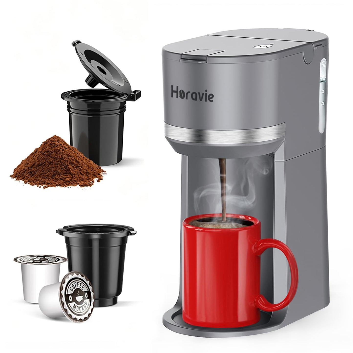 Horavie Mini Single Serve Coffee Maker for K Cup Pods and Ground Coffee, Fast Brew One Cup Coffee Machine with Descaling Reminder and Water Window, 6 to 12 oz. Brew Sizes, Gray