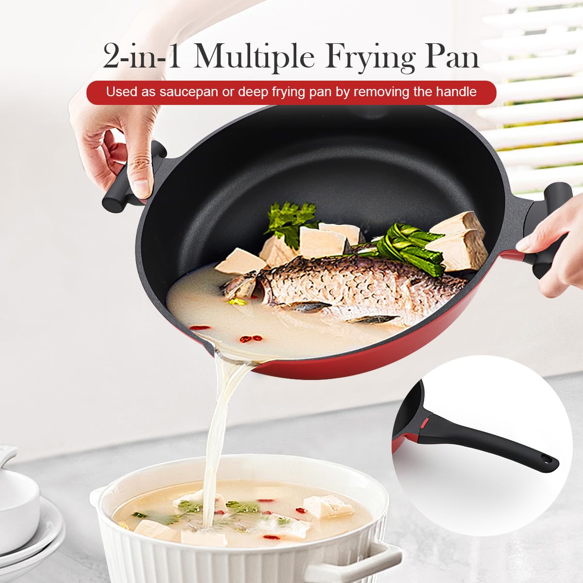Bobikuke 14-Inch Large Deep Frying Pan Skillet with Lid, 5-Quart Non stick Saute Pan, 2-In-1 Nonstick Sauté Pan Everyday Pan with Lid, Compatible with All Stoves, PTFE & PFAS-Free