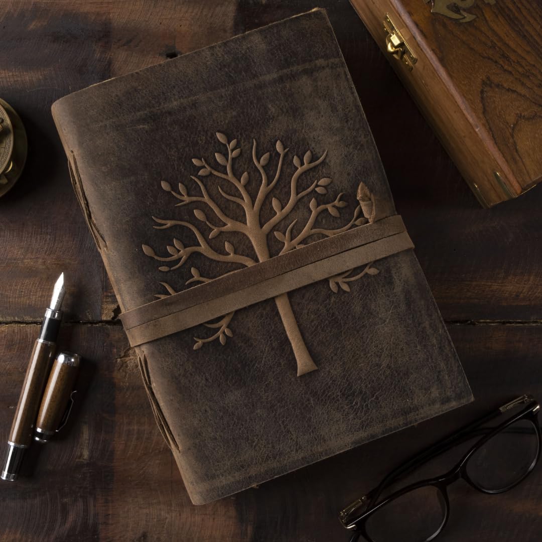NomadCraftsCo. Vintage Leather Journal Tree of Life-Leather Bound Journal-Antique Paper-Beautiful Embossed Tree Leather Sketchbook - For Drawing Sketching and Writing-240 Pages