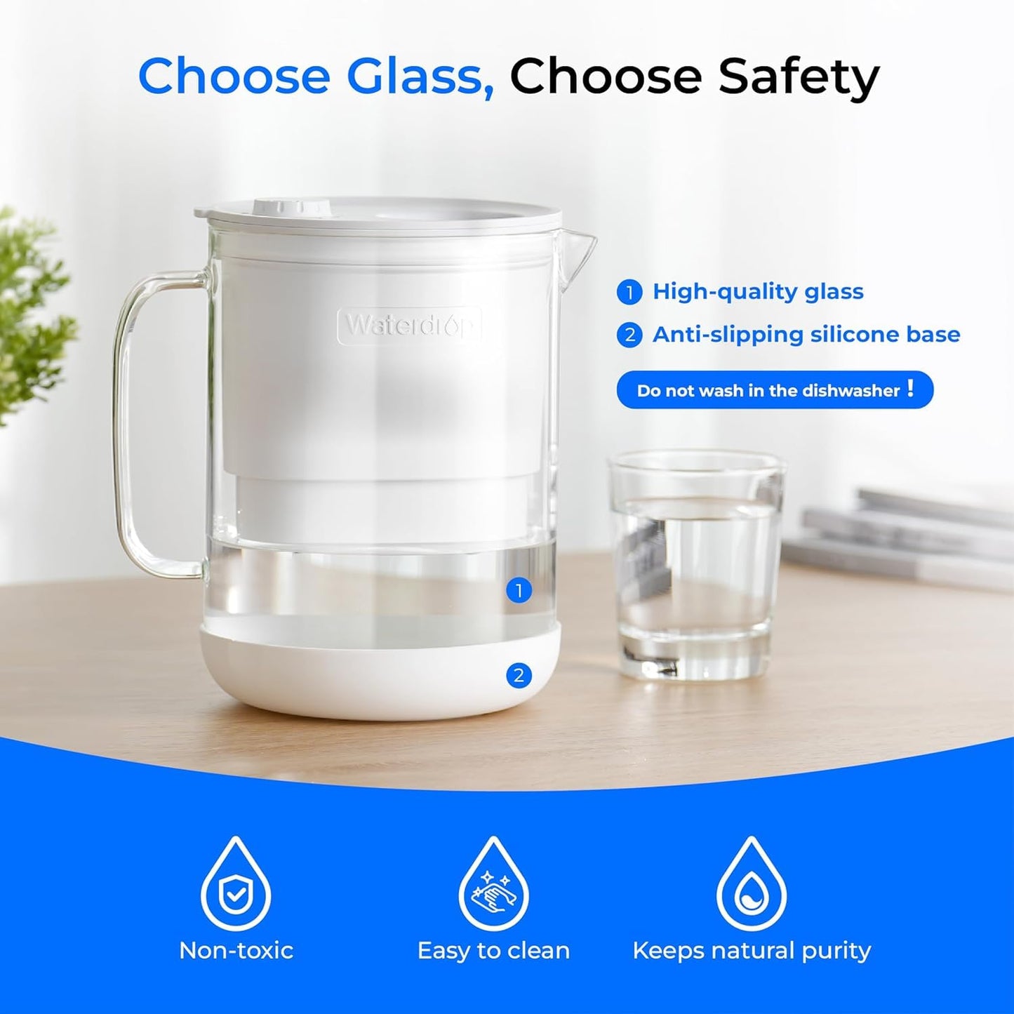Waterdrop PT-72W Glass Water Filter Pitcher, 7-Cup, Eco-Friendly, NSF/ANSI 53, 42 & 372 Certified Filter, Reduces PFOA/PFOS, Chlorine, Cadmium, Copper & Mercury, BPA-Free, Easy to Clean, White