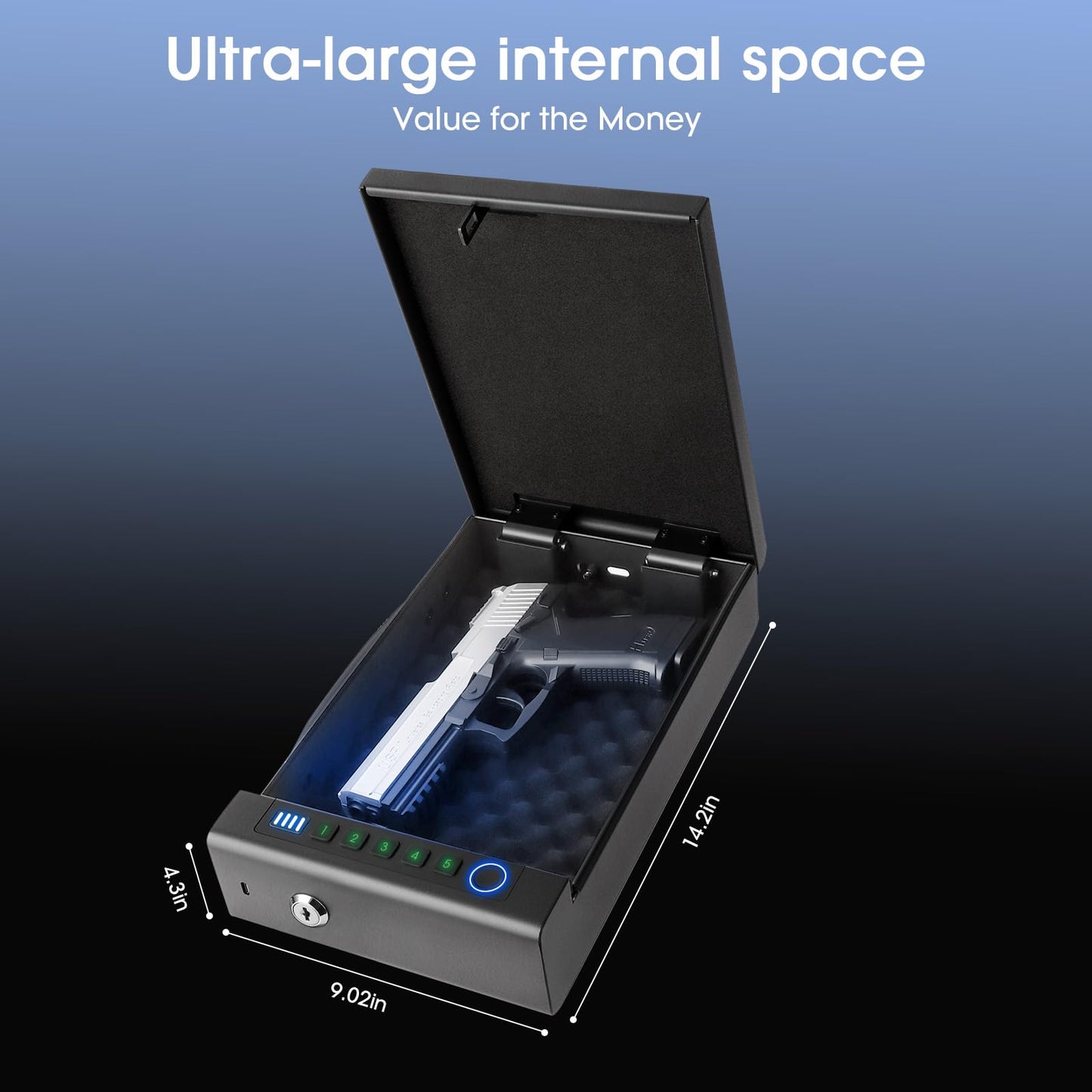 Biometric Fingerprint Gun Safe for Handgun, 3 Quick Access Methods, with Fingerprint/Digital PIN/key, suitable for bedside cabinets, wardrobes, and handgun safes in cars