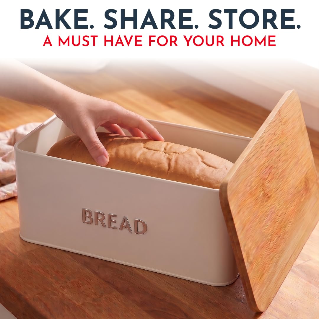 Culinary Couture White Bread Box for Kitchen Countertop with Bamboo Lid - Large BreadBox for Homemade Bread - Storage BreadBox with Cutting Board Lid