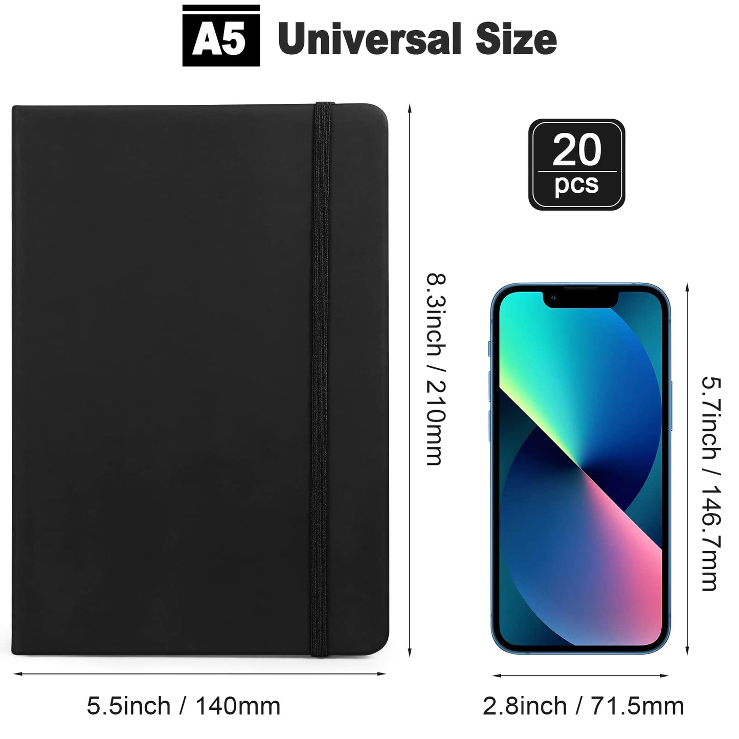 Honoson 20 Pack Lined Journal Notebooks A5 Hardcover Executive Notebook 5.5" x 8.3" PU Leather Wide Ruled Journals Bulk with Elastic Band for Home Business Office School Supplies(Black)