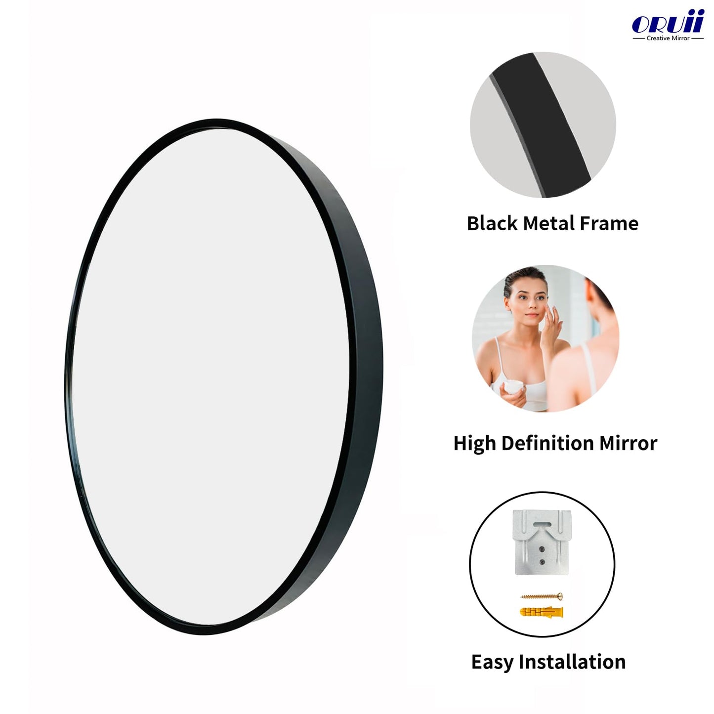 Oruii Round Mirror, Black Round Mirror 24 inch, Circle Wall Mirrors Metal Frame, Black Circular Mirrors for Bathroom, Wall, Living Room, Entryway, Hallway, Vanity, Rustic