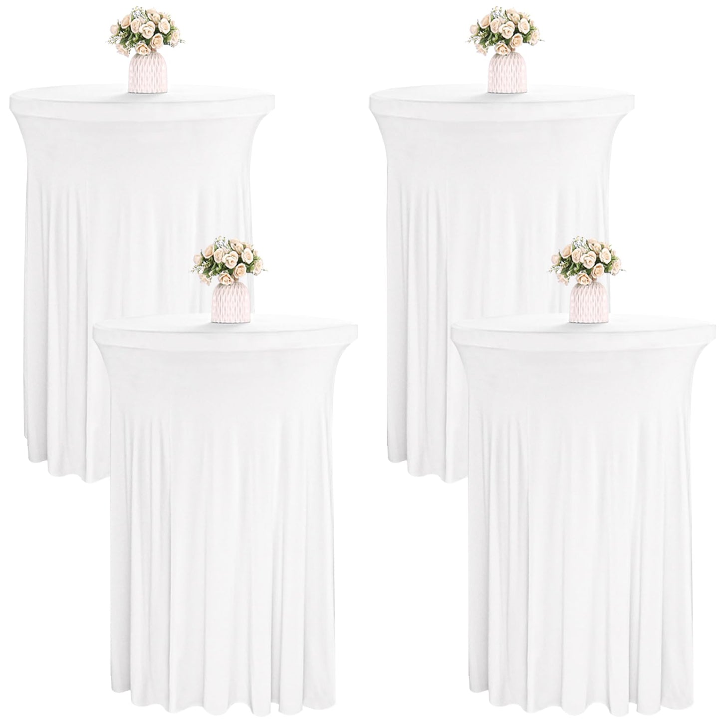 JALANCY 4 Packs 32 x 43 Inch Spandex Round Cocktail Table Skirts Stretch Cocktail Table Cover Fitted for High Top Tables for Wedding Bar Party Banquet (White)