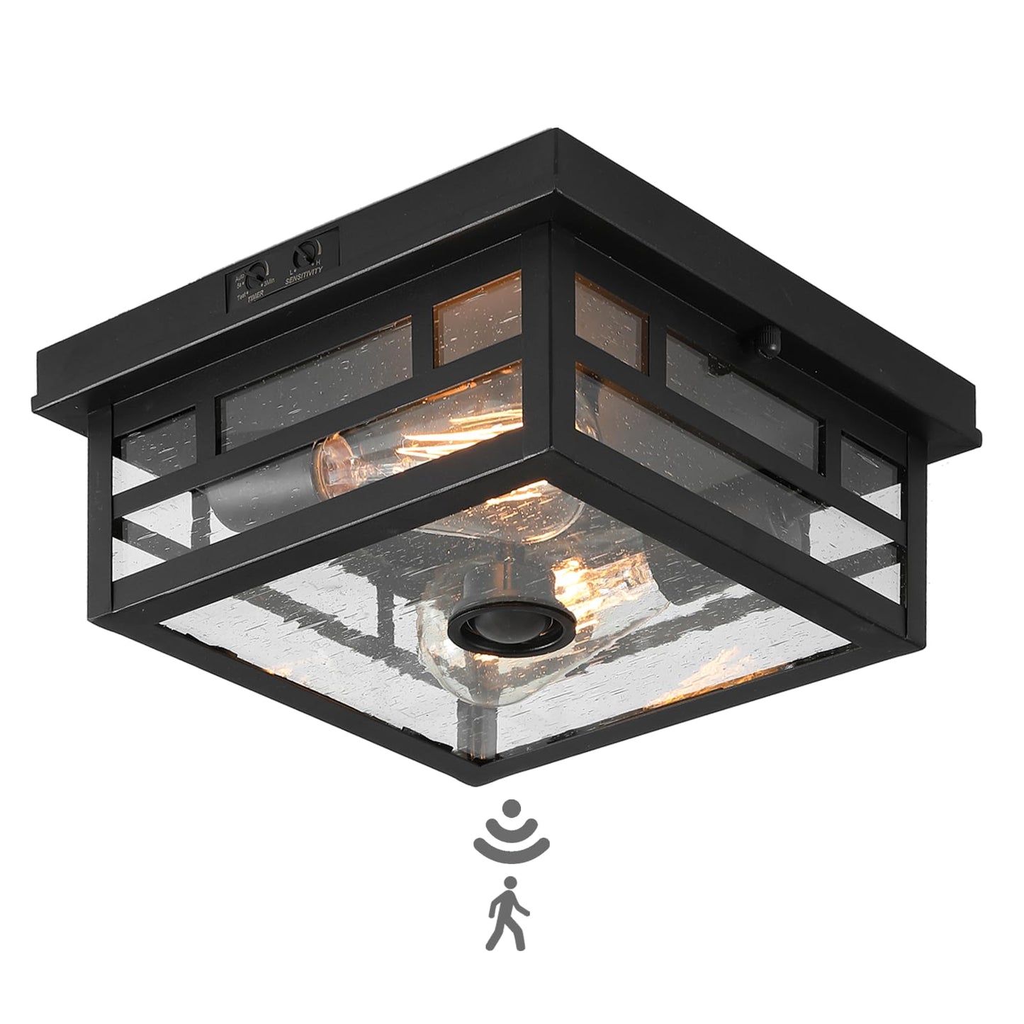 CALOKES Outdoor Flush Mount Motion Sensor Ceiling Light - Timeless Industrial Design with Seeded Clear Glass for Your Porch, Driveway, Covered Patio, Farmhouse, and Entryway
