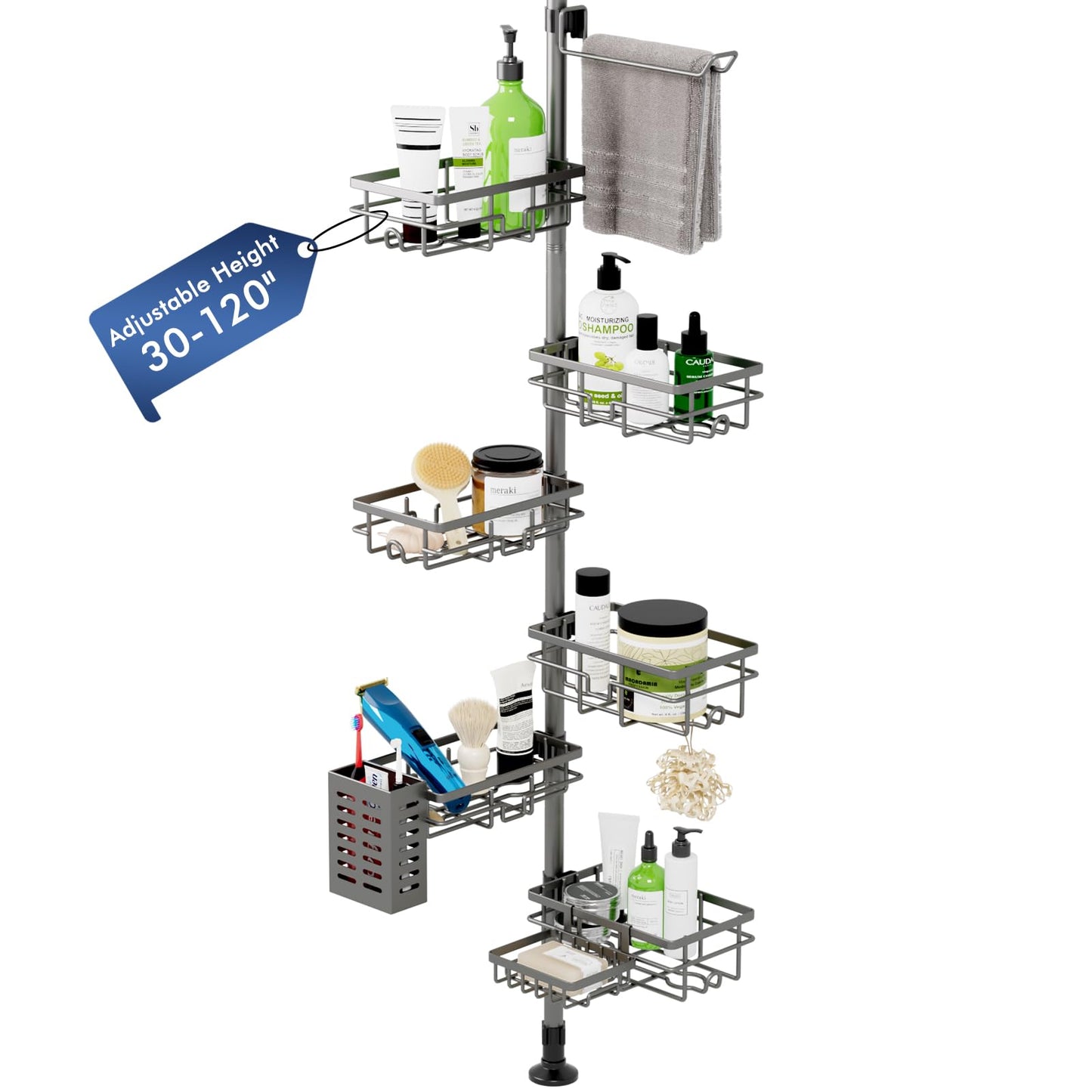 Vatex Corner Shower Caddy Tension Pole,30-120 Inch Adjustable Shower Organizer, 6-Tier Shower Shelves with Towel Rack/Toothbrush Holder/Soap Dish, Bathroom Corner Storage Rust-Resistant