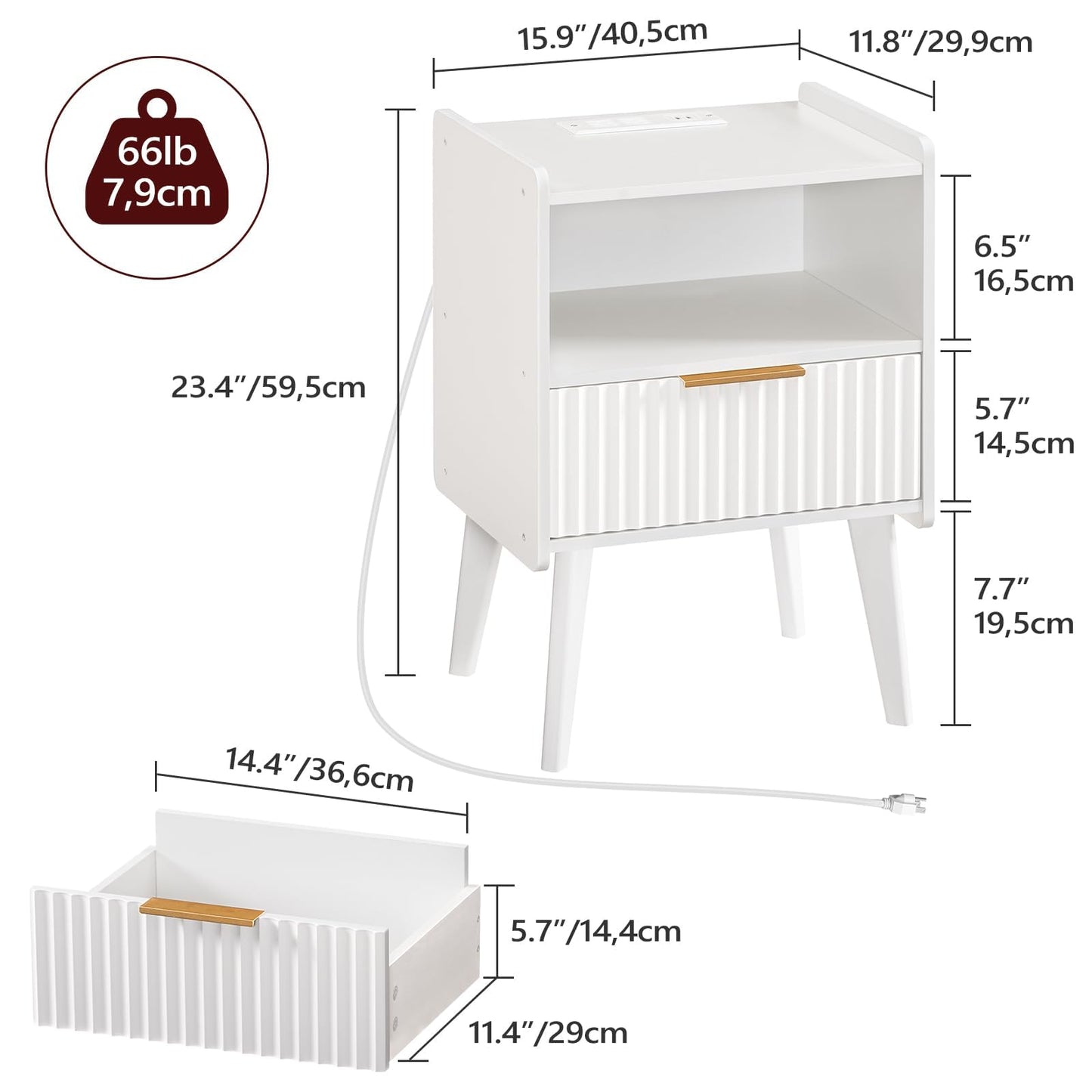 MAHANCRIS White Nightstand with Charging Station, Modern Bedside Table with Drawer and Storage Shelf, End Side Table with Solid Wood Legs, Night Stand, Living Room, Bedroom, Small Space, ETWT61E01N1