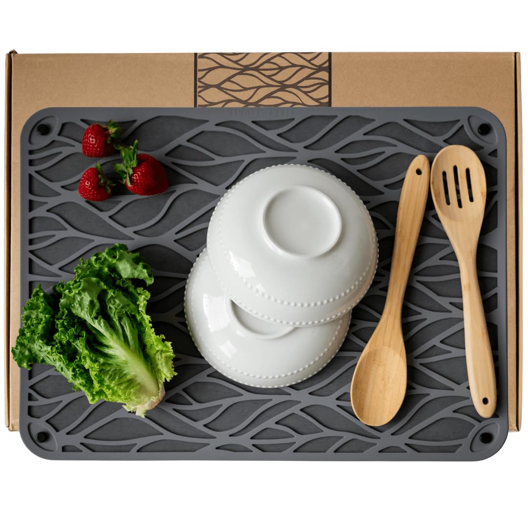 Stone Drying Mat for Kitchen Counter - 21.6"x15.7" Eco-Friendly Diatomaceous Earth Stone Dish Drying Mat with Trendy Silicone Topper & Legs for Airflow - Large Kitchen Stone Mat