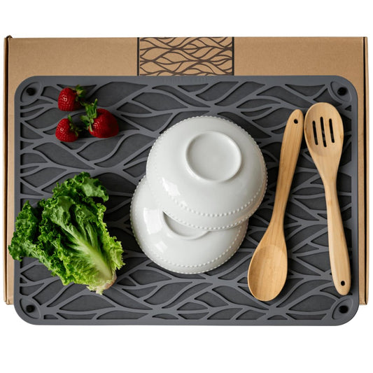 Stone Drying Mat for Kitchen Counter - 21.6"x15.7" Eco-Friendly Diatomaceous Earth Stone Dish Drying Mat with Trendy Silicone Topper & Legs for Airflow - Large Kitchen Stone Mat