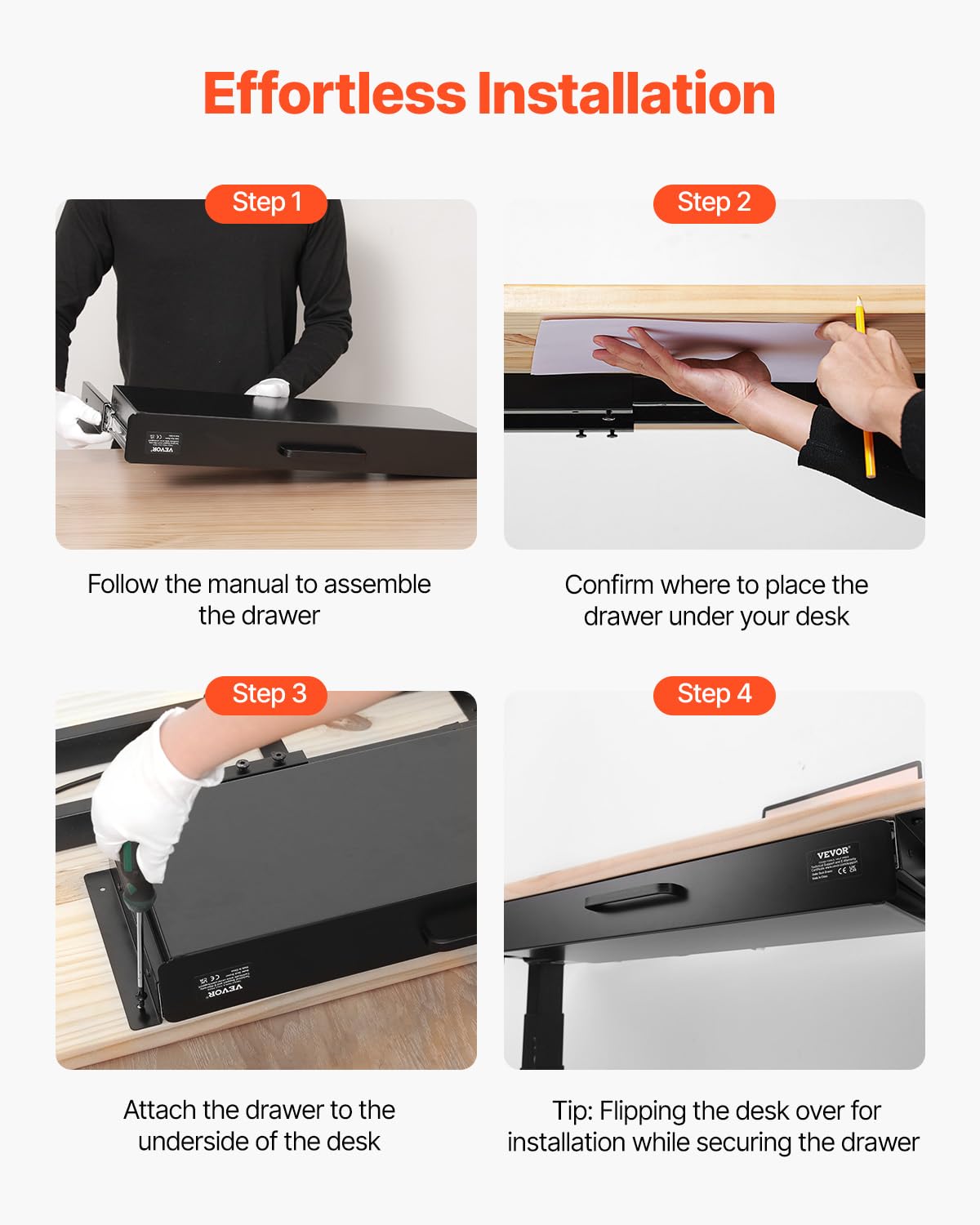 VEVOR Under Desk Drawer Slide Out, 22 inch Under Desk Mounted Pull-out Drawer Attachment, Hidden Under Counter Drawers for office Home Sit Stand Workstation, Black