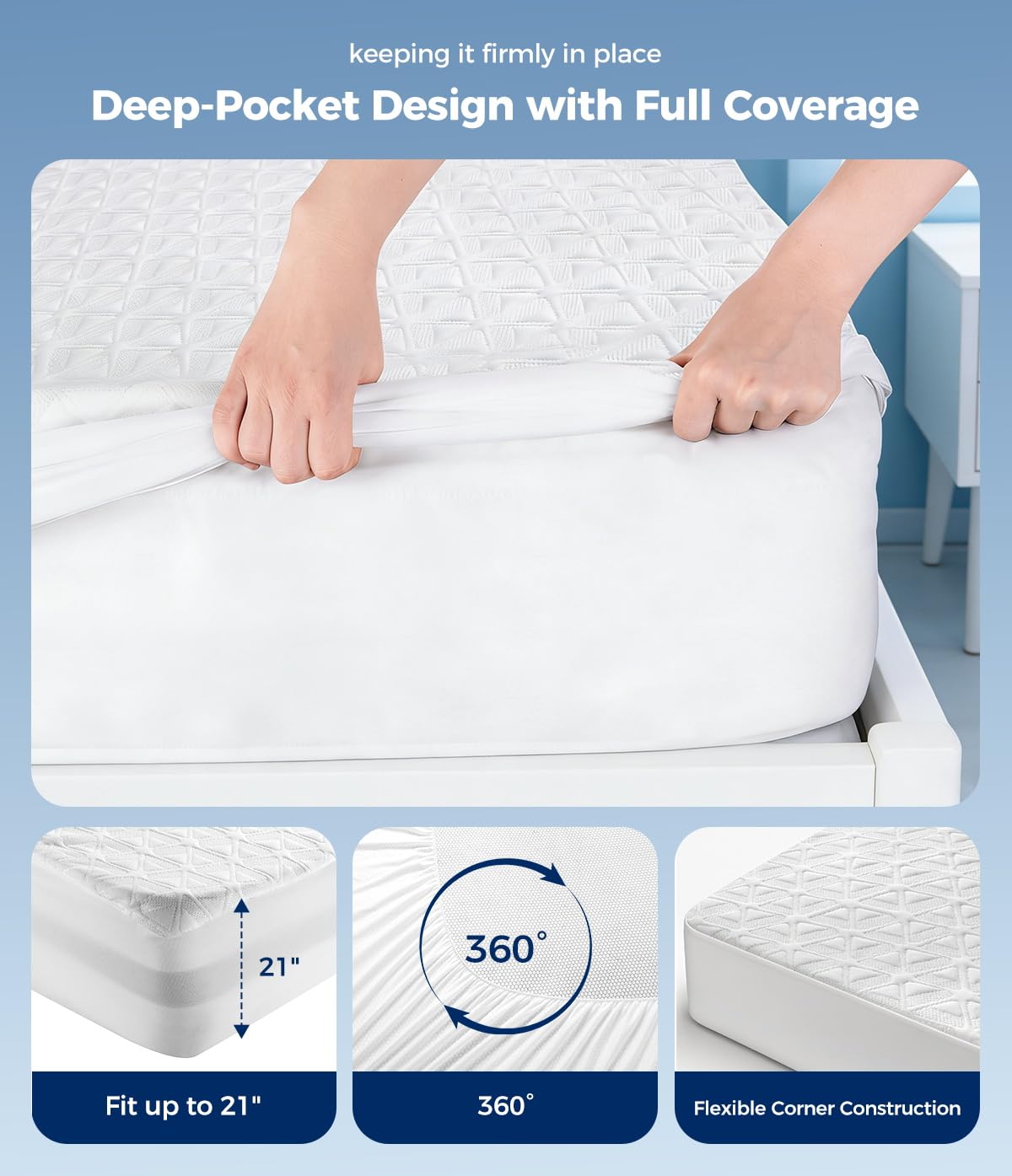 AVIKEN Waterproof Mattress Protector King Size, Soft Breathable Mattress Pad with Deep Pocket 8"-21", Noiseless 3D Air Fabric Cooling Mattress Cover for Bed, Machine Washable, White