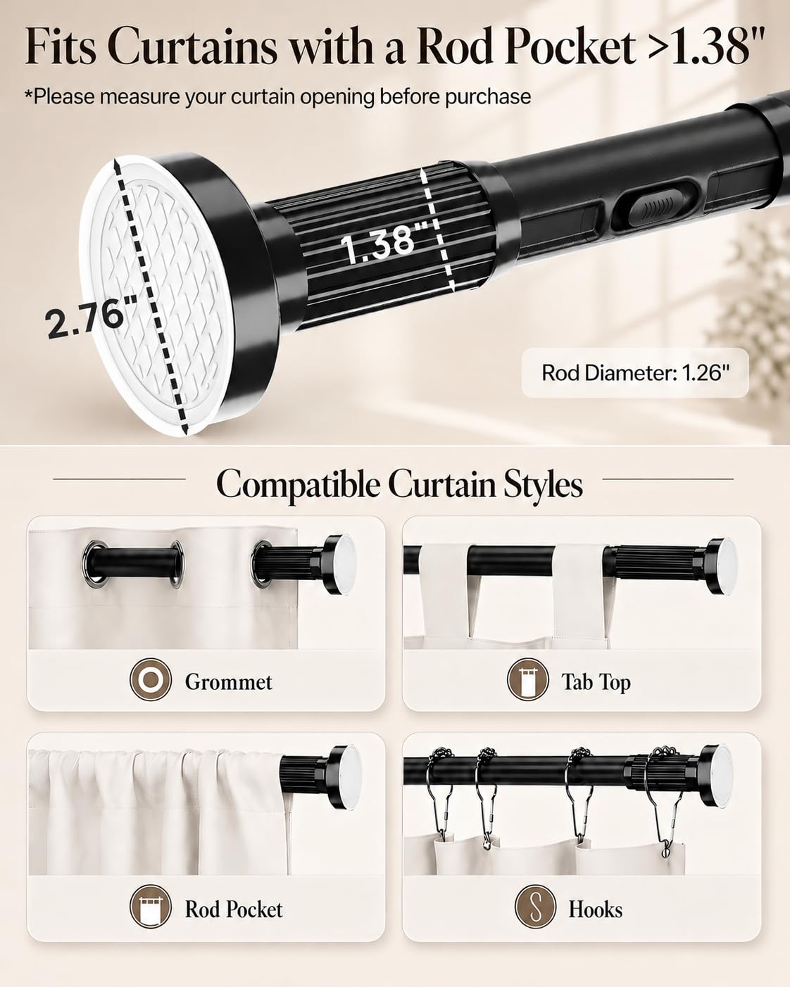 ALLZONE Tension Curtain Rods for Windows 40 to 121 Inches, Extra Long Curtain Rods No Drilling, No-Slip Tension Rod Hold Up to Heavy Drapes, Perfect for Bathroom, Bedroom, Patio & Room Divider, Black