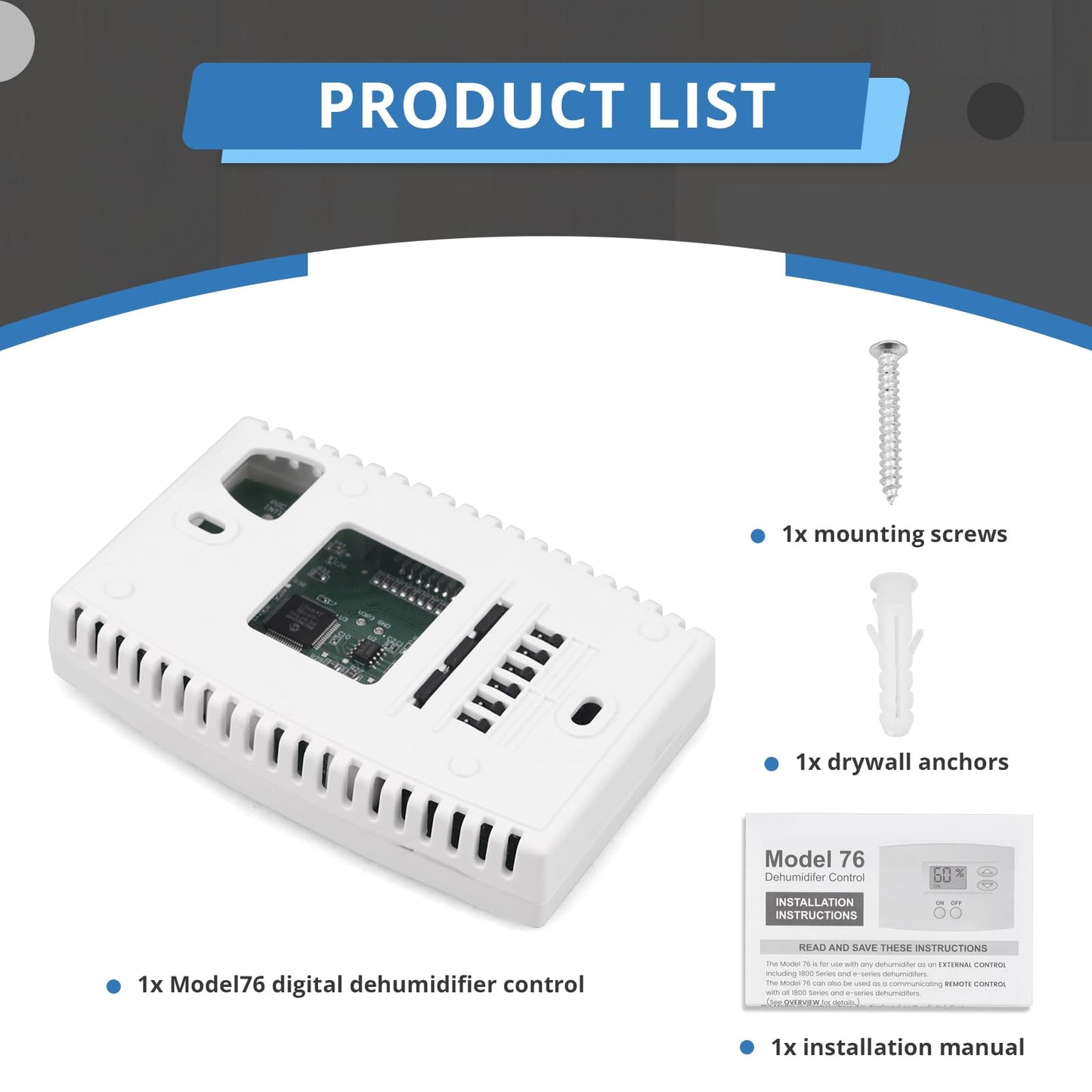 76 Digital Wall Mount Dehumidifier Control Compatible with 1800 Series & E-Series Whole House Dehumidifiers, Wall Mounted 24V AC Thermostat & Humidistat