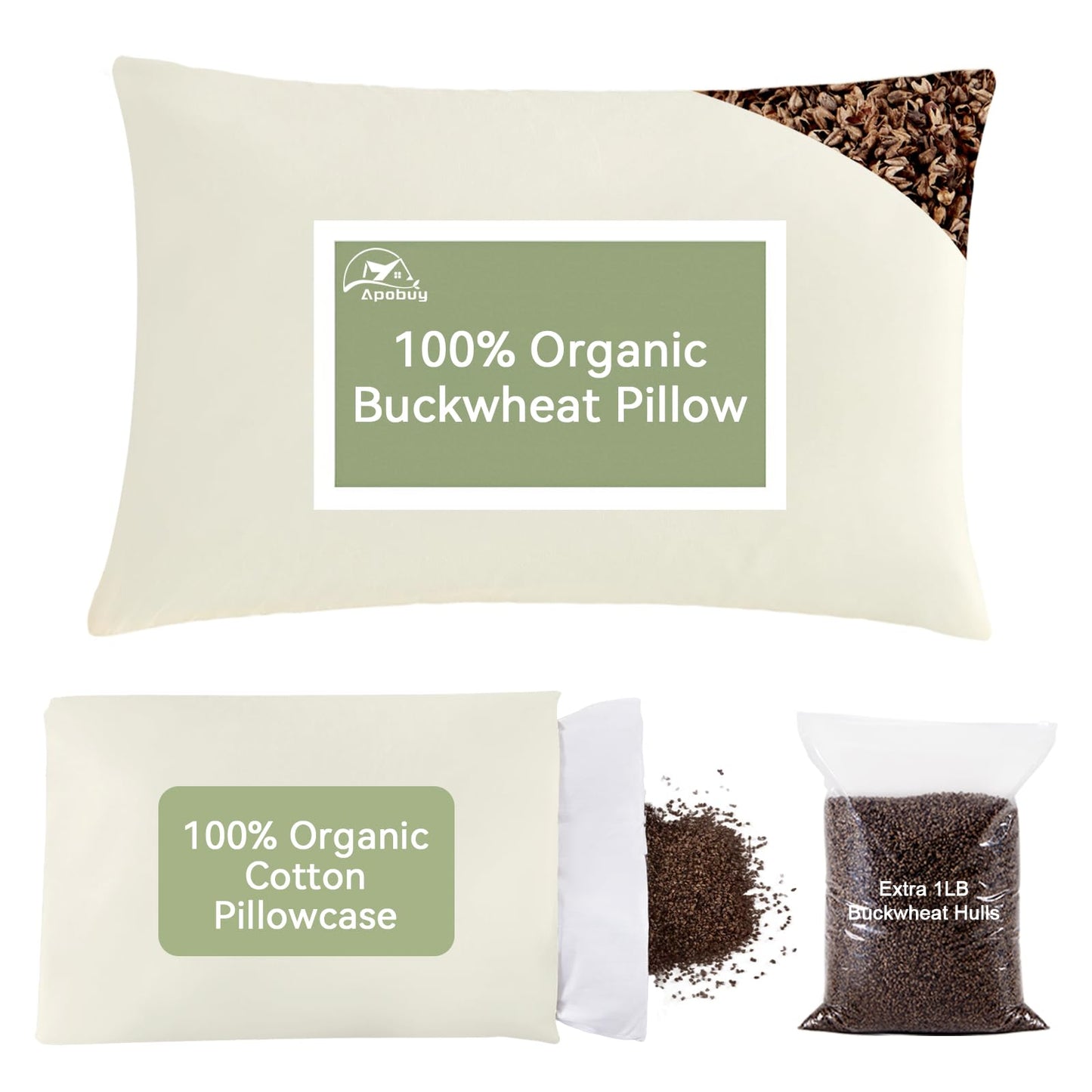 APOBUY 20x26 Large Organic Buckwheat Pillow with Dual-Layer Pillowcase and Extra Tartary Buckwheat Hulls, Adjust Height and Firmness, Neck Support Pillow for Back and Side Sleepers