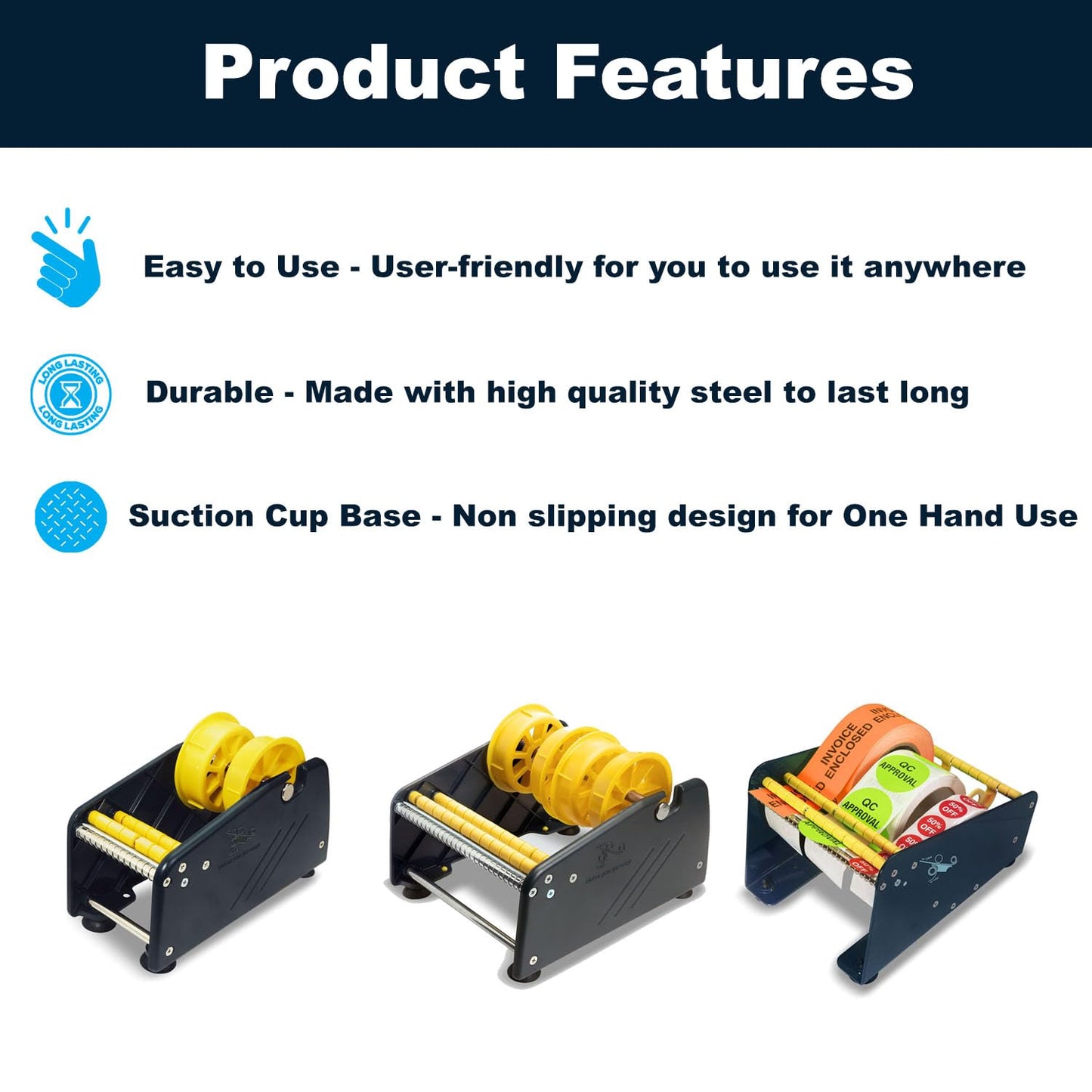 MDJ by Excell Manual Label Sticker Dispenser with 4 Suction Cups Base for Tabletop, Adjustable Holder for Multiple Rolls for Office, Home, School, Warehouse, Easy Peel Off, Fits up to 3" Wide Labels