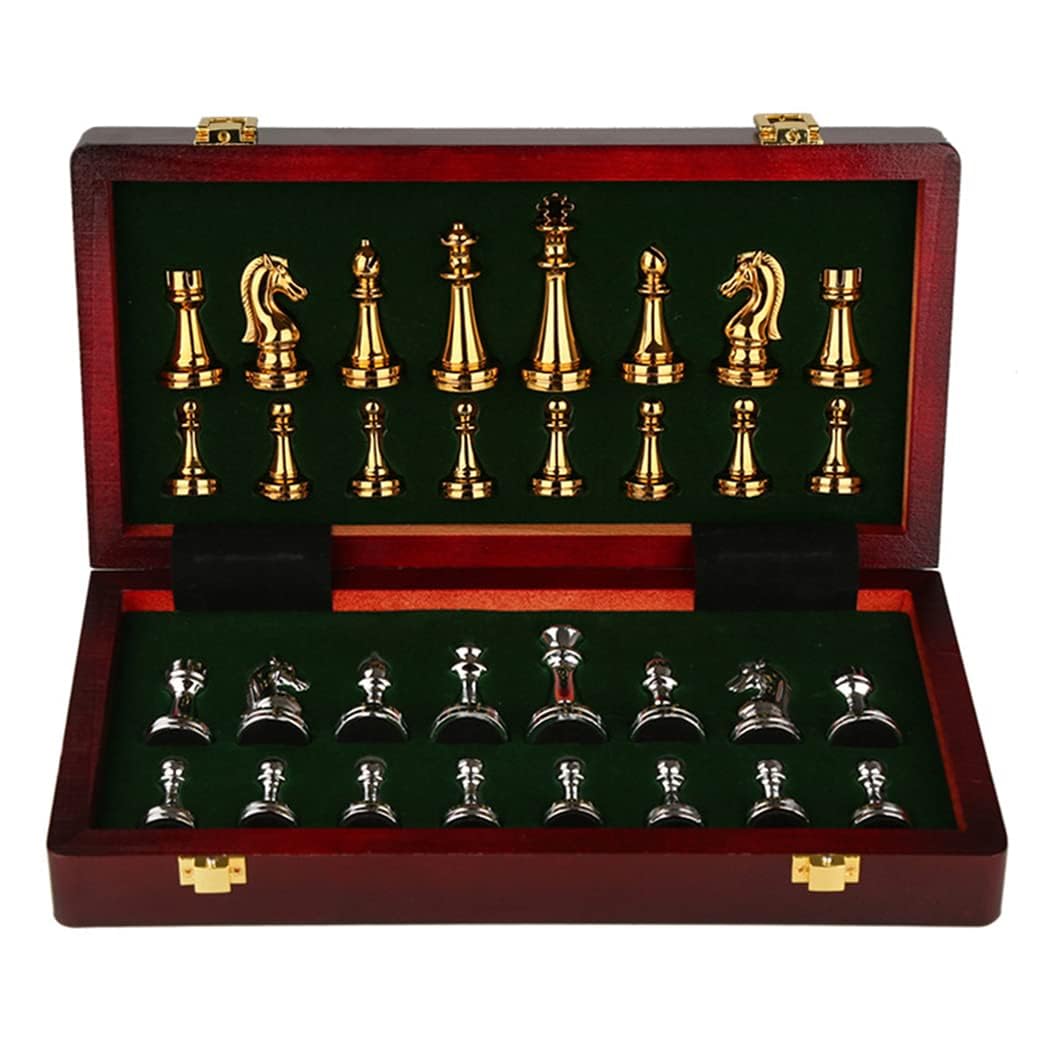 11Inch Large Deluxe Metal Chess Set - Portable Wooden Box with Alloy Pieces, Folding Board, Ideal for Adults