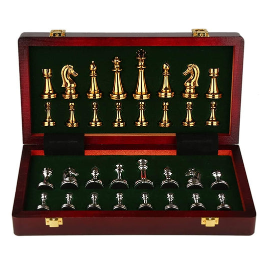 11Inch Large Deluxe Metal Chess Set - Portable Wooden Box with Alloy Pieces, Folding Board, Ideal for Adults
