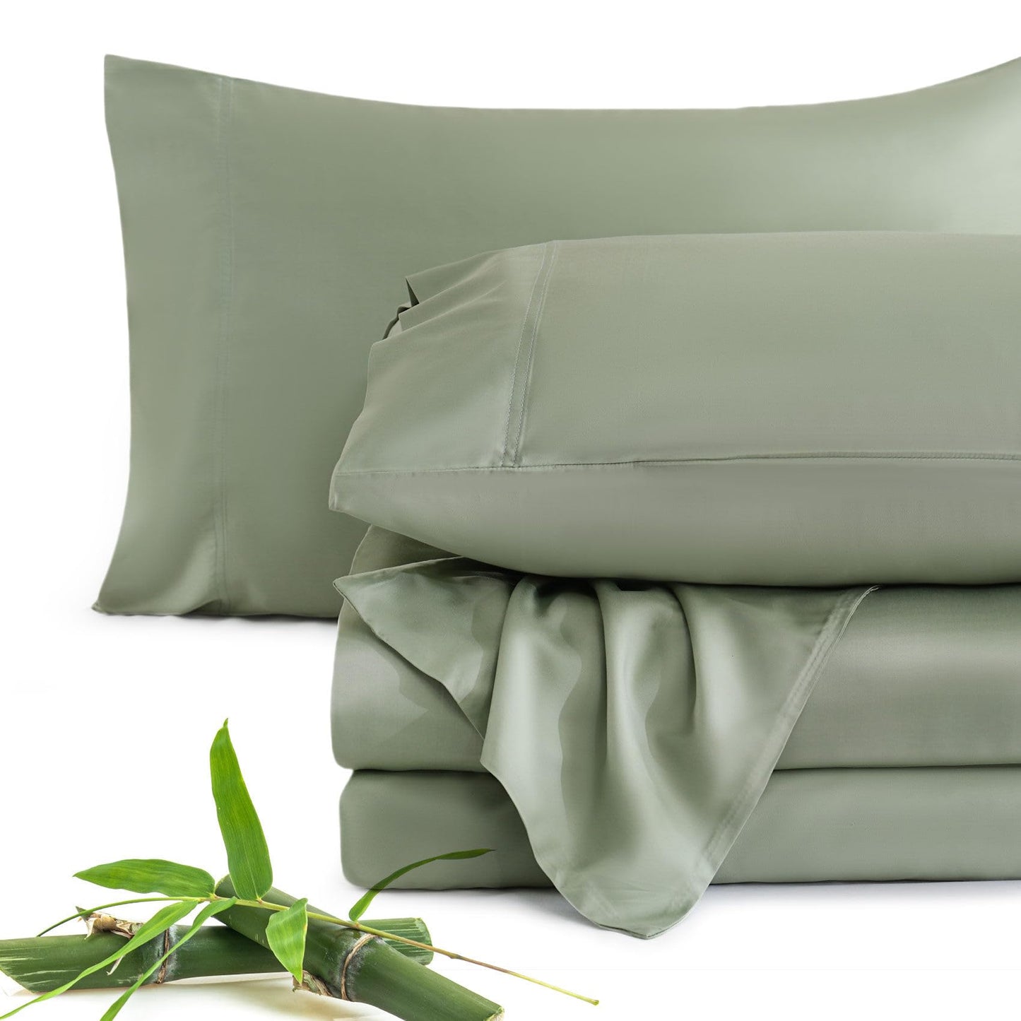 JSD Sage Green 100% Viscose Derived from Bamboo Sheet Set Queen, Cooling Sheets for Hot Sleepers, 300TC Sateen Weave, 16" Deep Pocket Corner Straps, Soft Silky Breathable Hotel Quality