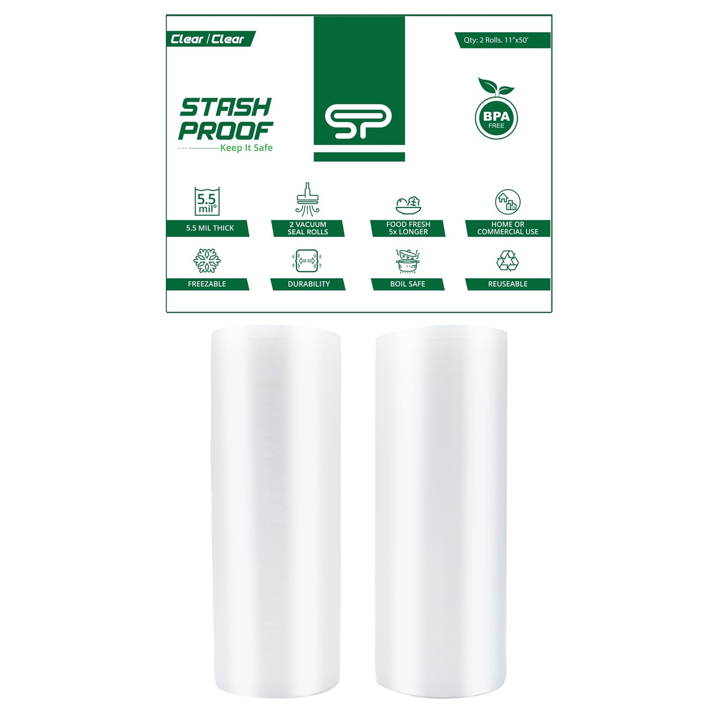 Stash Proof Vacuum Seal Rolls 11" x 50' 2 Pack (100 Feet Total) (Clear and Clear) 5.5 Mil - BPA Free Commerical Grade Food Saver for Storage, Sous Vide, and Meal Prep Sealer Bag