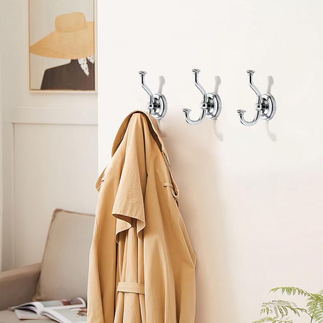 khtumeware 3 Pack 4-1/2 inch Zinc Alloy Vintage Wall Polished Chrome Large Coat Hooks Suitable for Tile, Wood Board, Glass Walls, Bathroom, Entrance Hall, Kitchen, Multi-Functional Robe Hooks