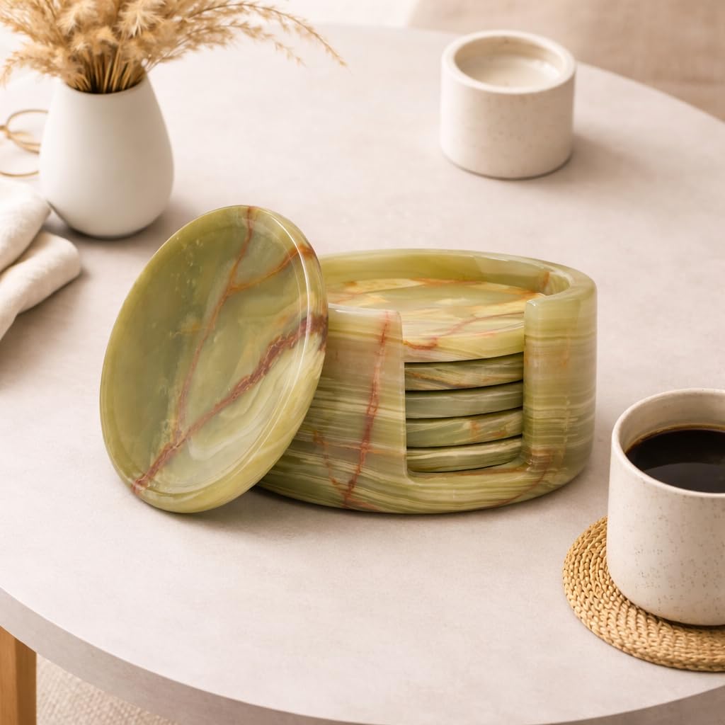 Green Onyx Marble Coasters Set of 6 with Holder, 3.5 Inch Round Drink Coasters for Tabletop and Coffee Table Decor